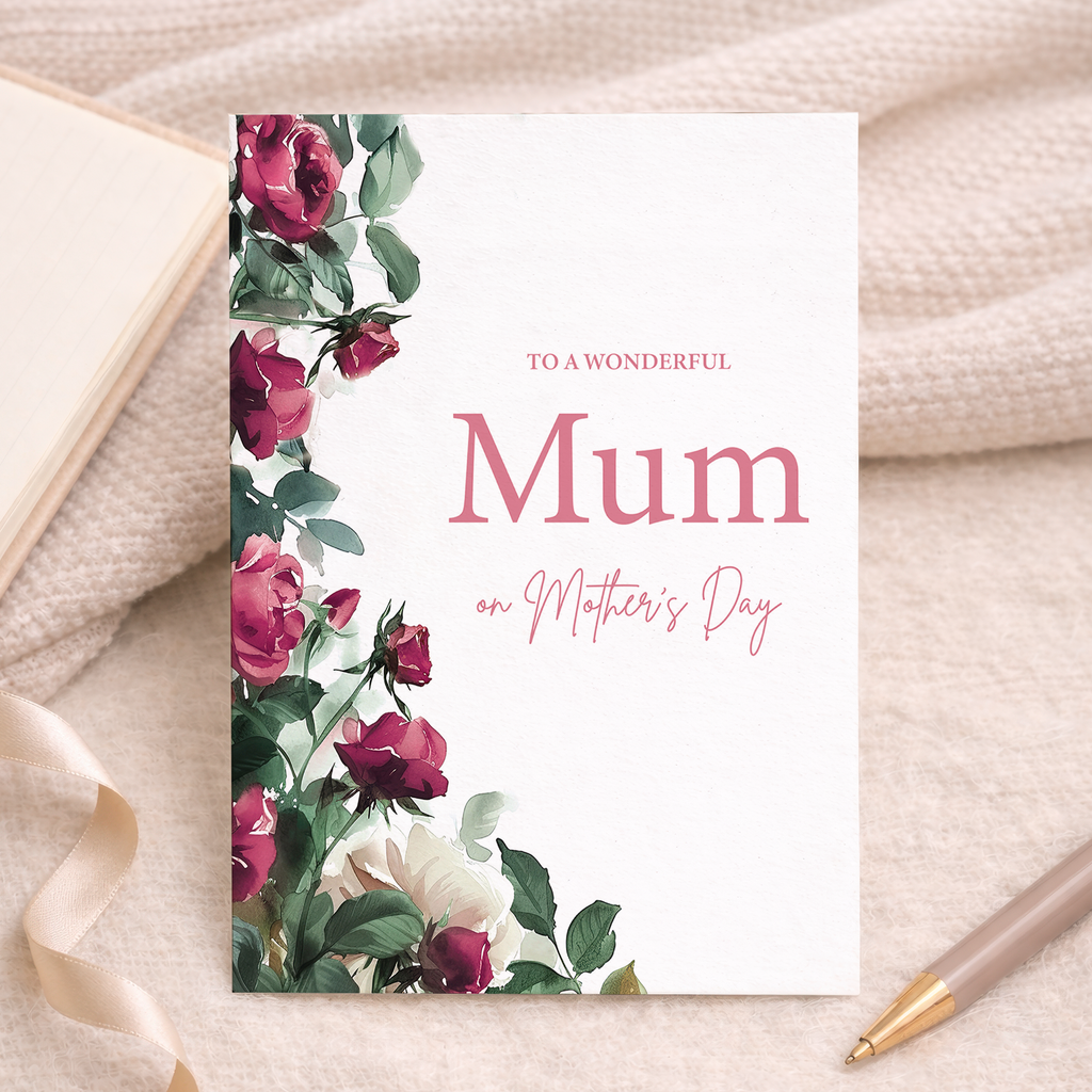 Mother's Day greeting card featuring red roses and floral patterns with a thoughtful message for a wonderful mum.