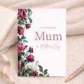 Mother's Day greeting card featuring red roses and floral patterns with a thoughtful message for a wonderful mum.