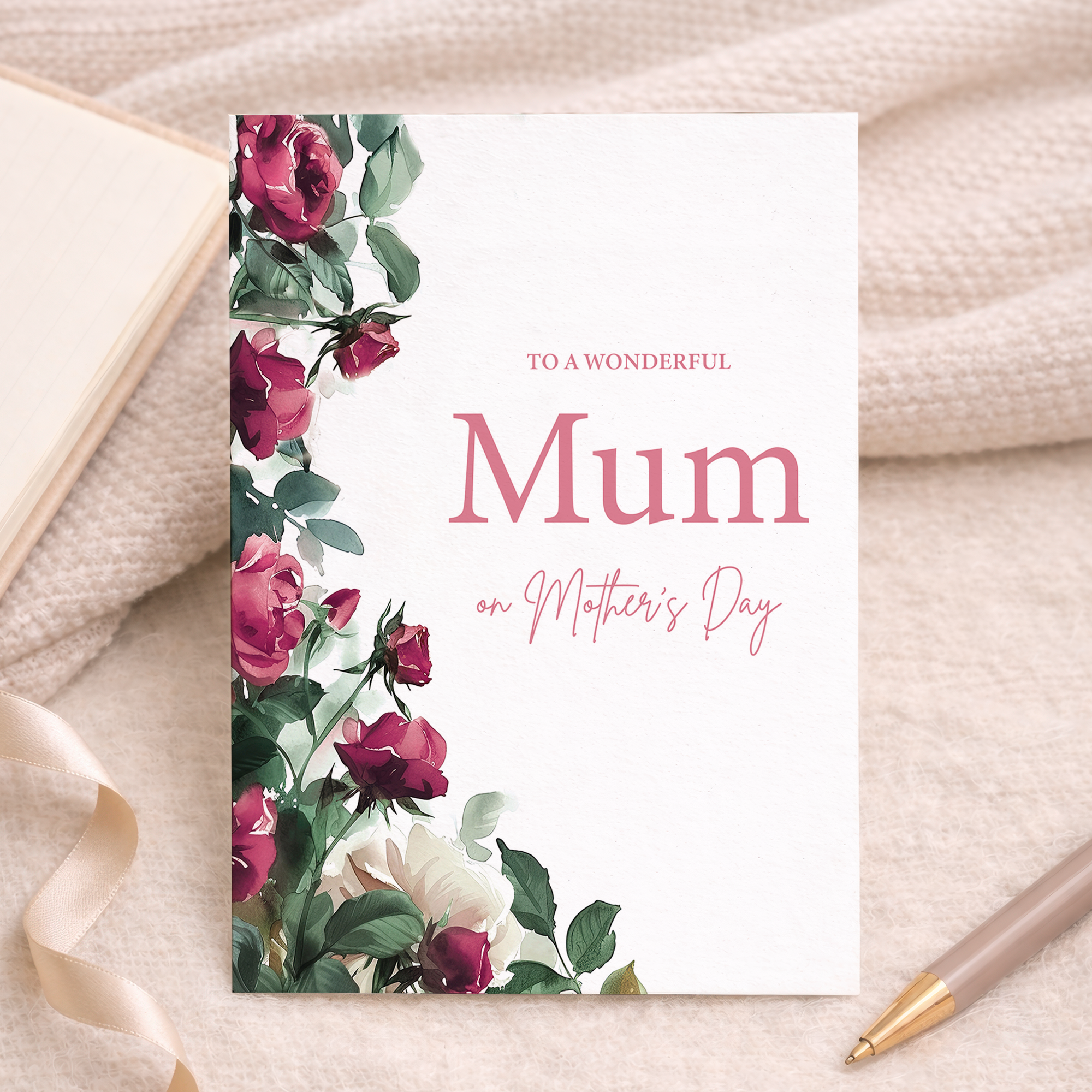 Mother's Day greeting card featuring red roses and floral patterns with a thoughtful message for a wonderful mum.