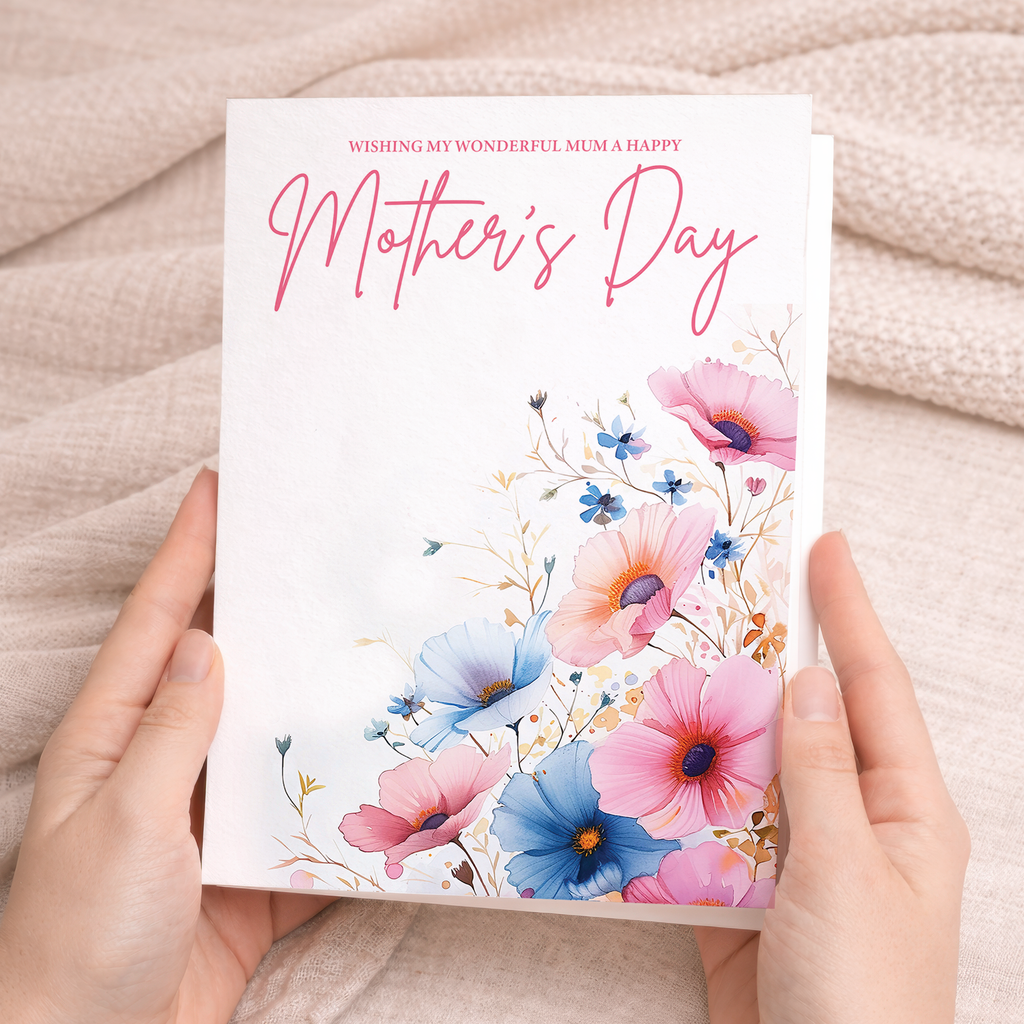 Mother's Day greeting card featuring a vibrant floral design with pink and blue flowers, ideal for Mothering Sunday.