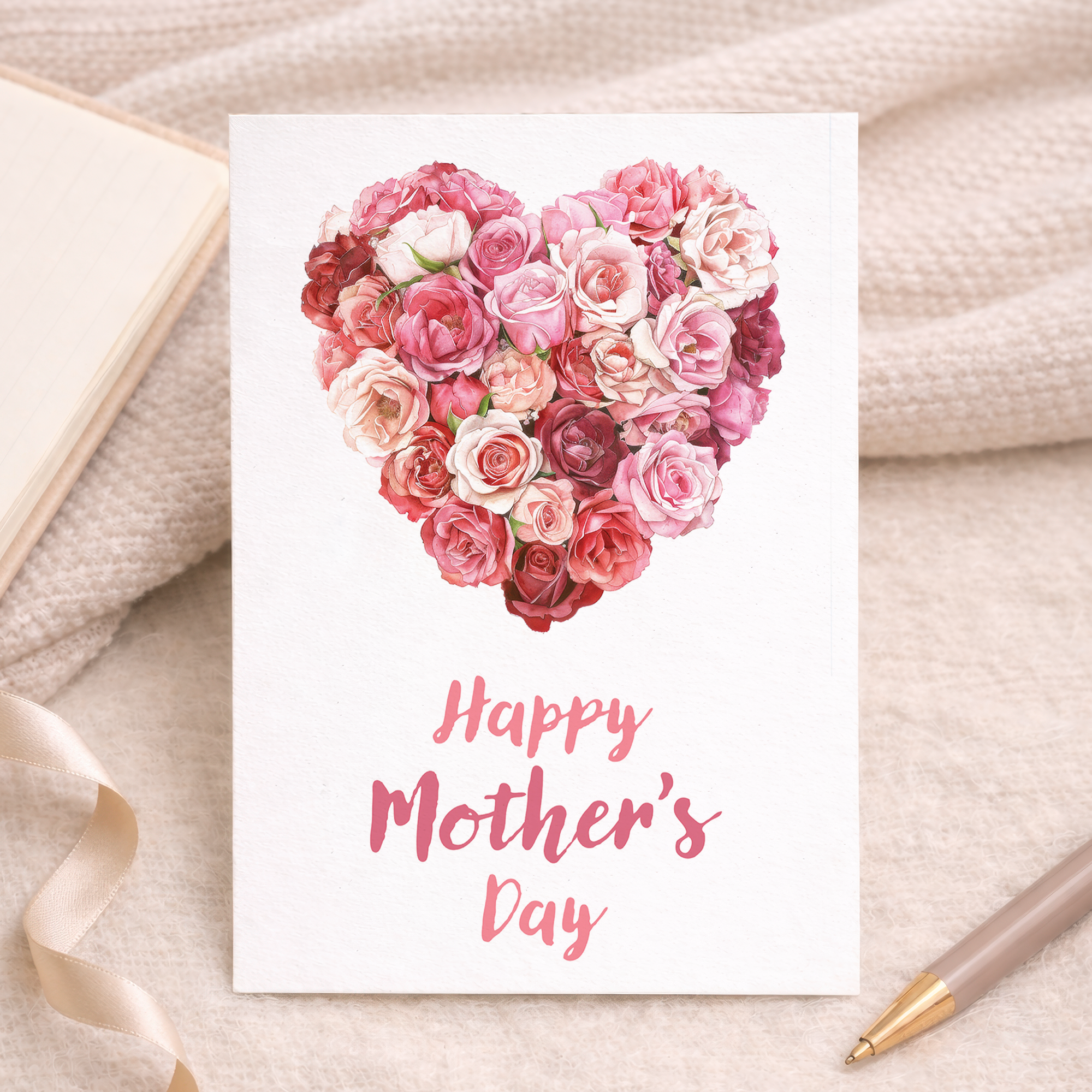 Mother's Day greeting card featuring a large heart composed of red and pink roses on a white background.