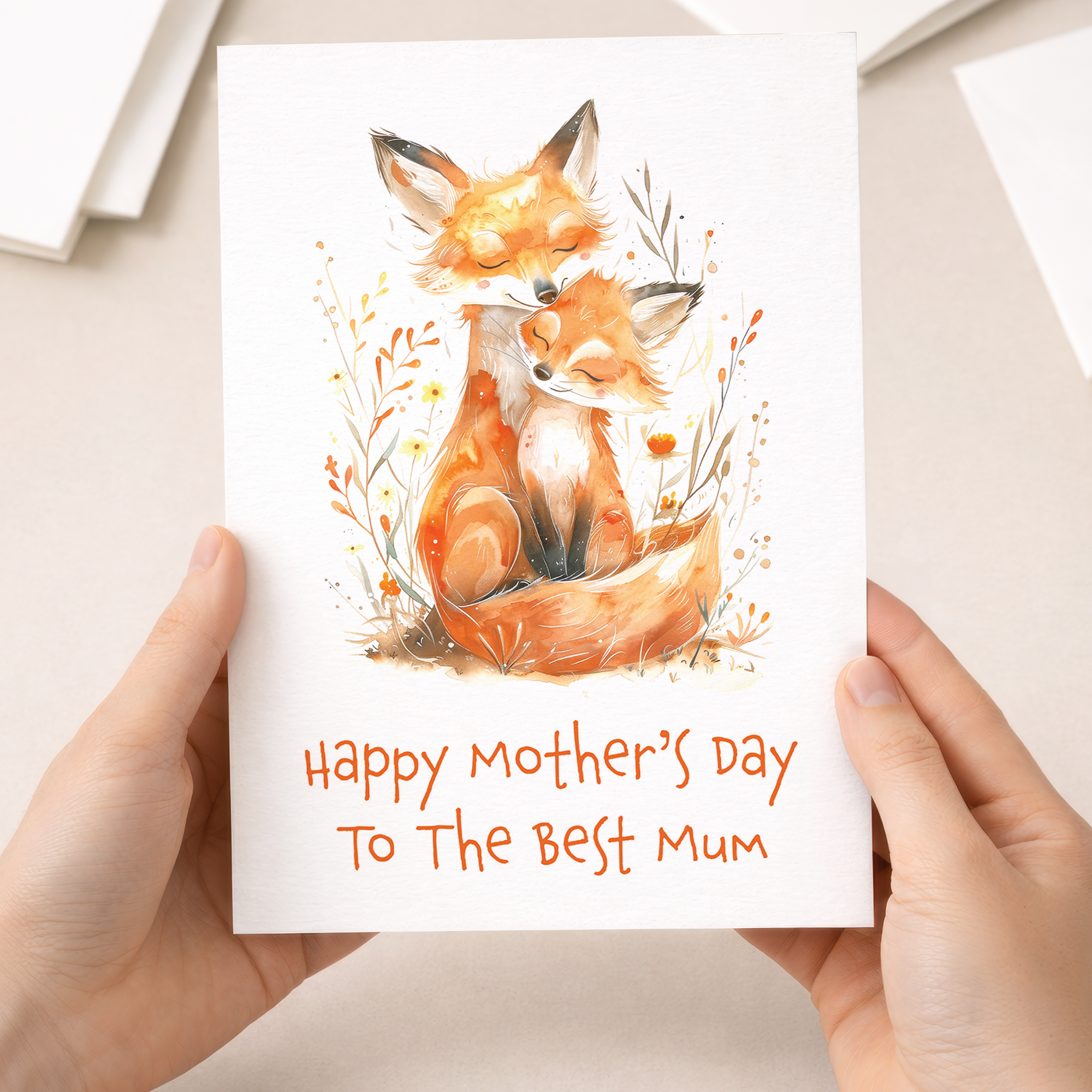 Mother's Day greeting card featuring an illustration of cute foxes with floral details.
