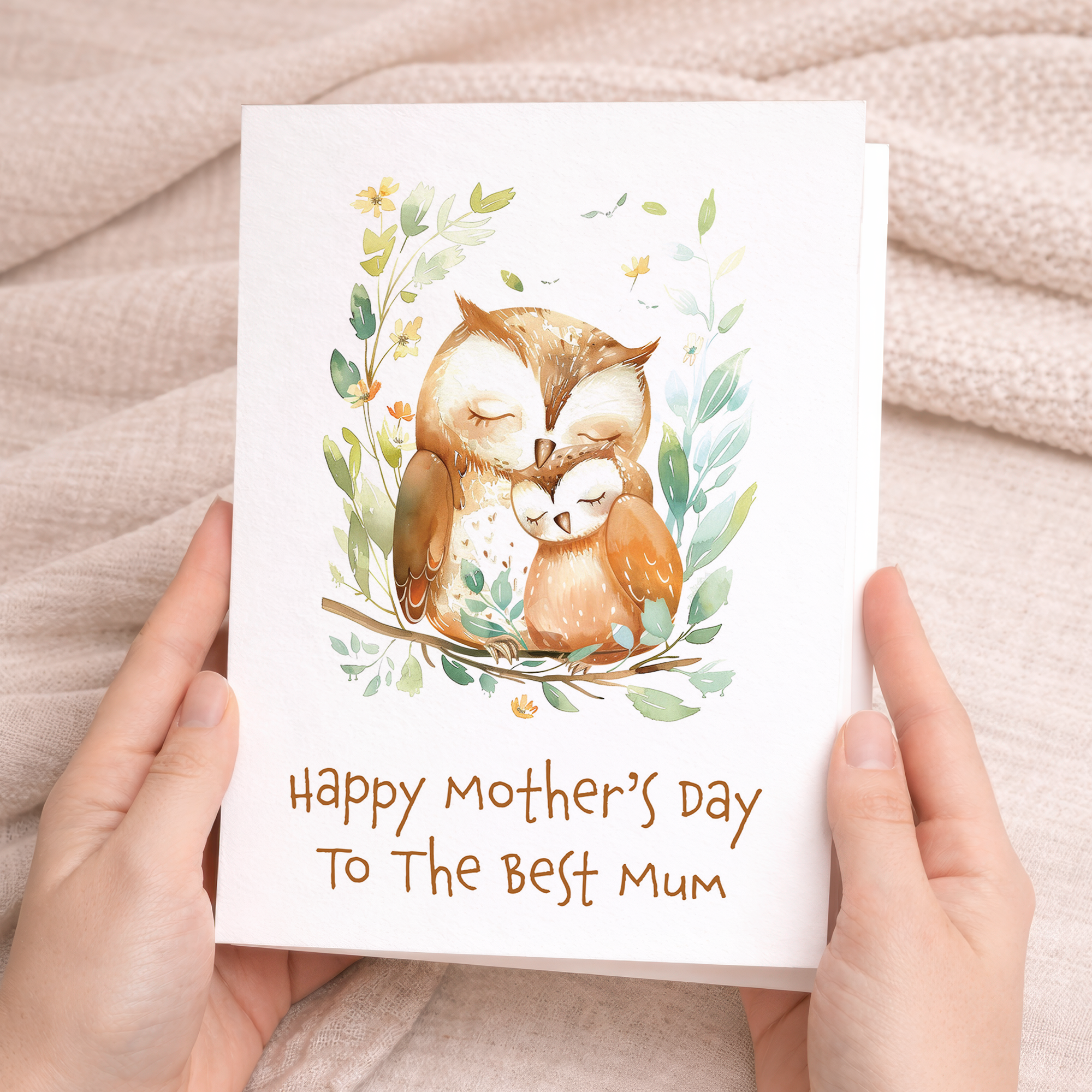 Mother's Day greeting card featuring a cute brown and beige owl illustration with floral accents on a green and white background.