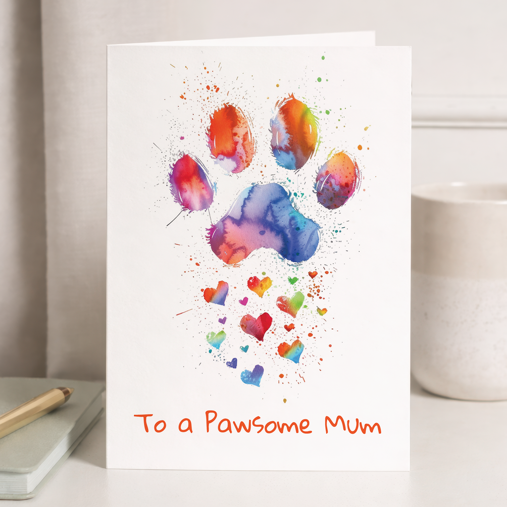 Illustration of a cute dog wearing a colorful rainbow party hat with confetti, titled "Mothers Day Card From The Dog."