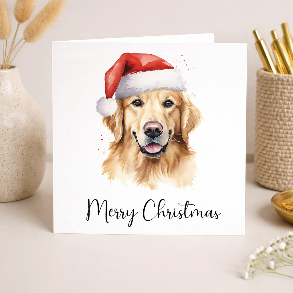 Fun Christmas Card of a Golden Retriever Dog Wearing A Santa Hat Whimsical Watercolour Christmas Card For Animal Lover For Him or Her