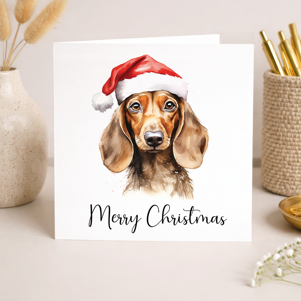 Fun Christmas Card of a Dachshind Dog Wearing A Santa Hat Whimsical Watercolour Christmas Card For Animal Lover For Him or Her