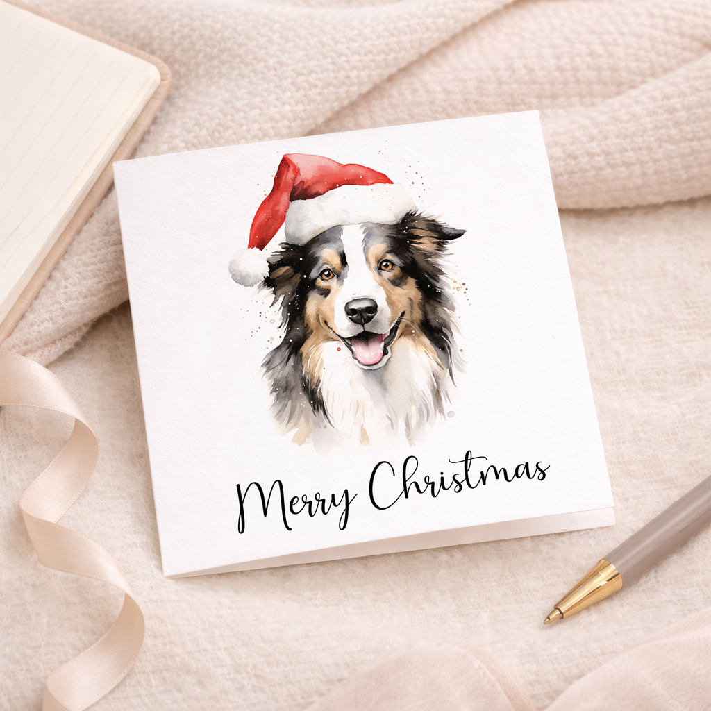Fun Christmas Card of a Collie Dog Wearing A Santa Hat Whimsical Watercolour Christmas Card For Animal Lover For Him or Her