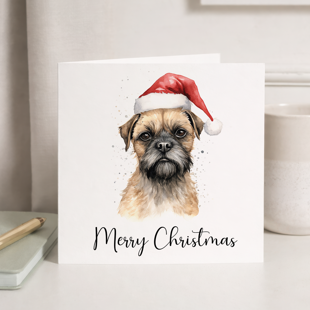 Fun Christmas Card of a Border Terrier Dog Wearing A Santa Hat Whimsical Watercolour Christmas Card For Animal Lover For Him or Her