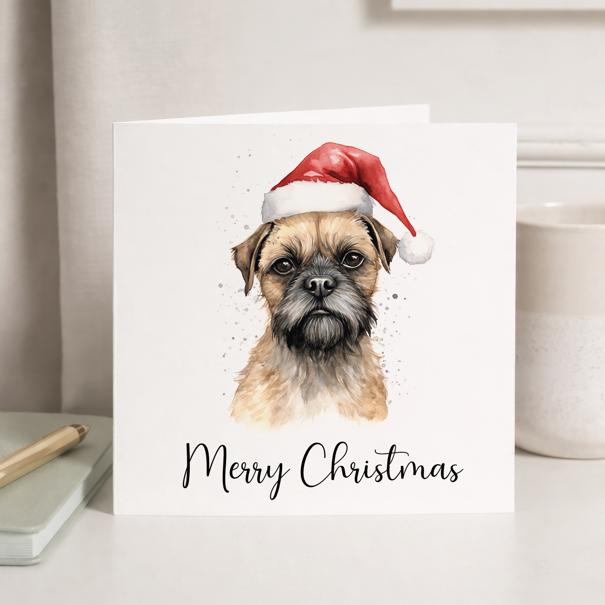 Fun Christmas Card of a Border Terrier Dog Wearing A Santa Hat Whimsical Watercolour Christmas Card For Animal Lover For Him or Her