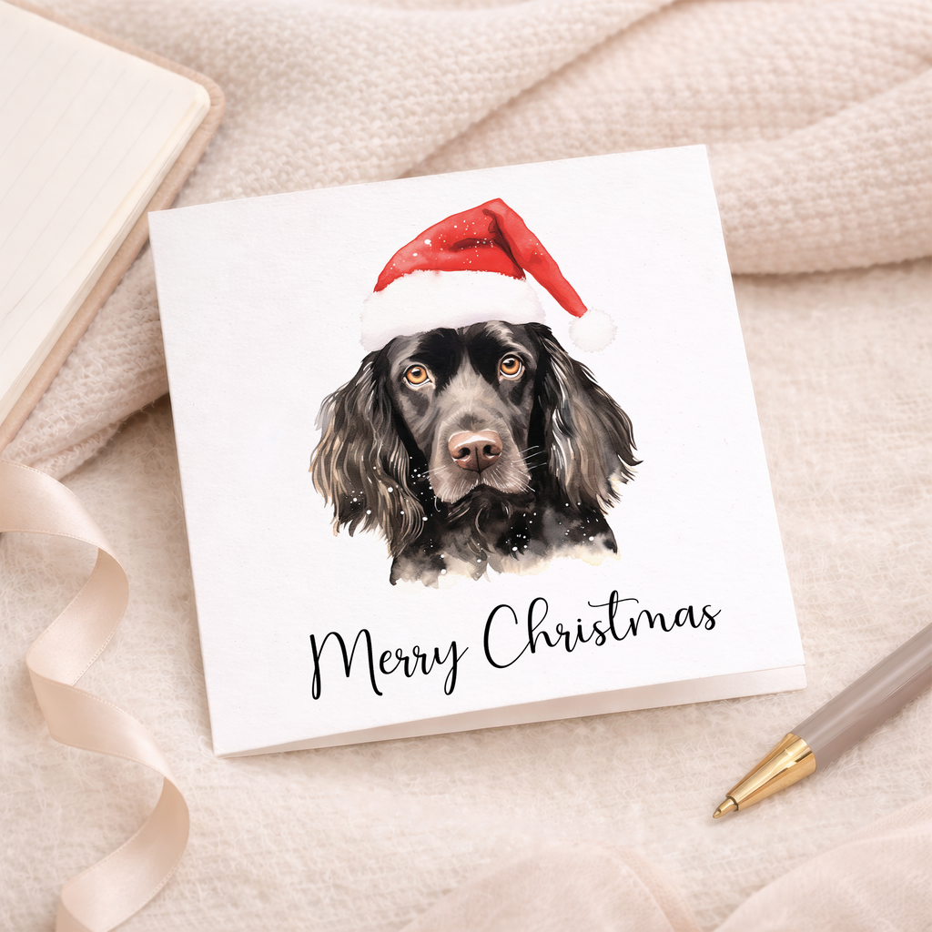 Fun Christmas Card of a Black Cocker Spaniel Dog Wearing A Santa Hat Whimsical Watercolour Christmas Card For Animal Lover For Him or Her