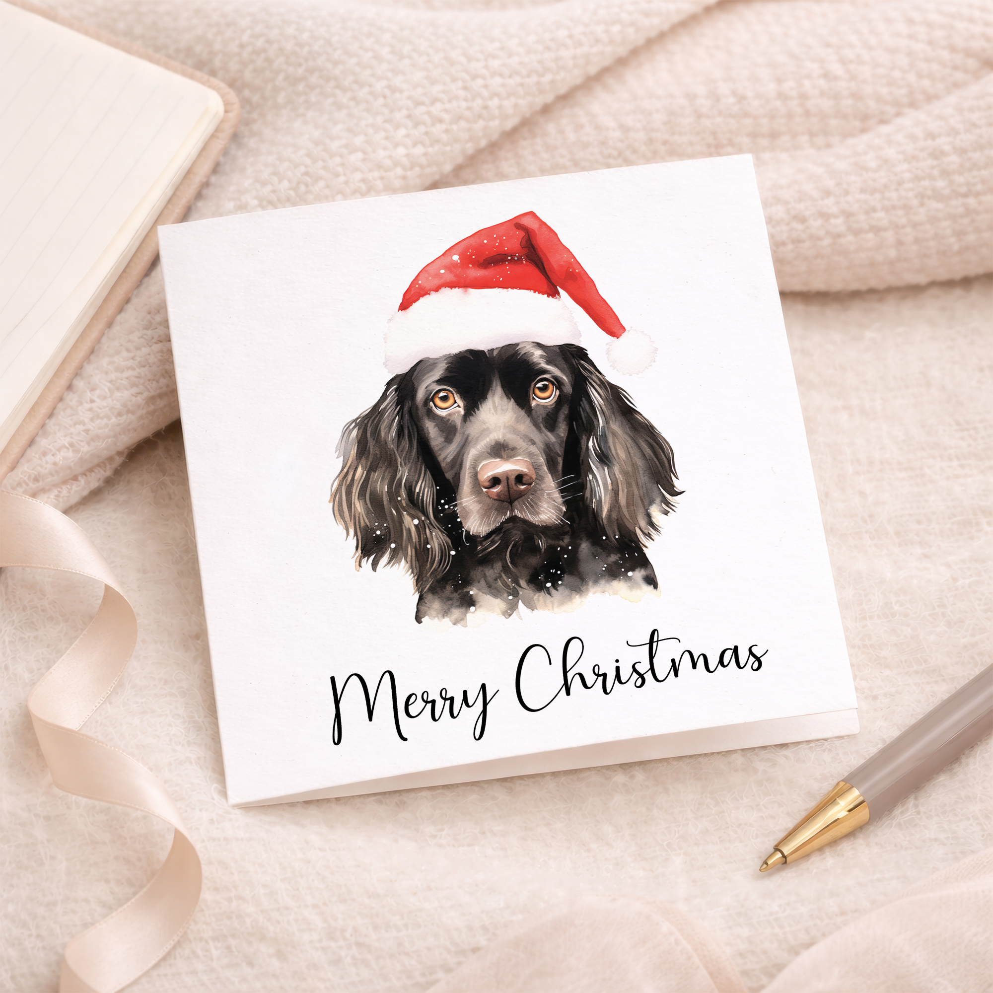 Fun Christmas Card of a Black Cocker Spaniel Dog Wearing A Santa Hat Whimsical Watercolour Christmas Card For Animal Lover For Him or Her