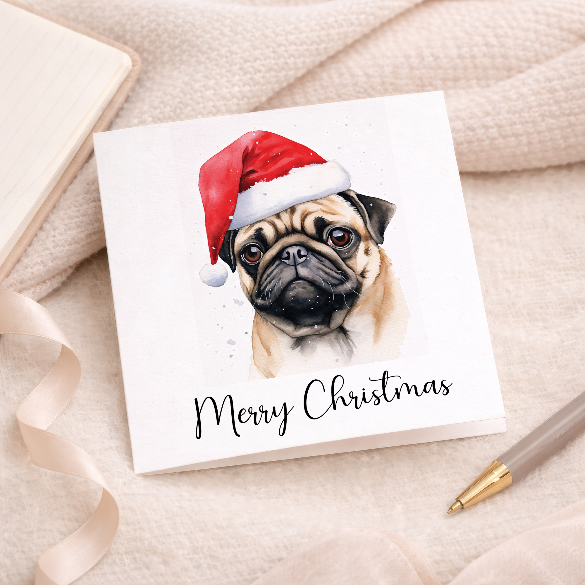 Fun Christmas Card of a Pug Dog Wearing A Santa Hat Whimsical Watercolour Christmas Card For Animal Lover For Him or Her