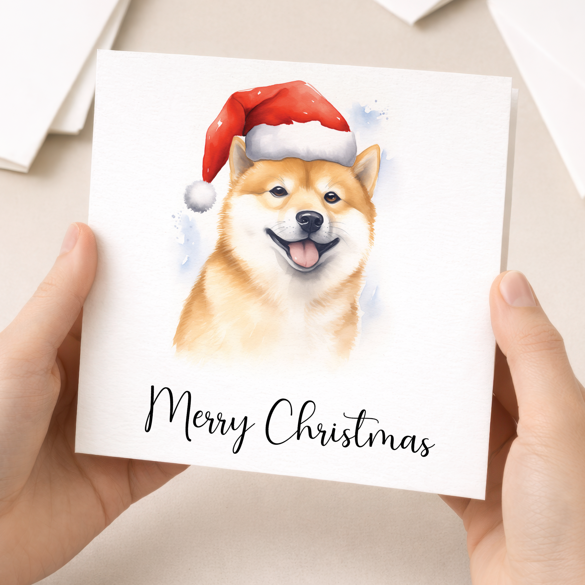 Fun Christmas Card of a Shiba Inu Dog Wearing A Santa Hat Whimsical Watercolour Christmas Card For Animal Lover For Him or Her