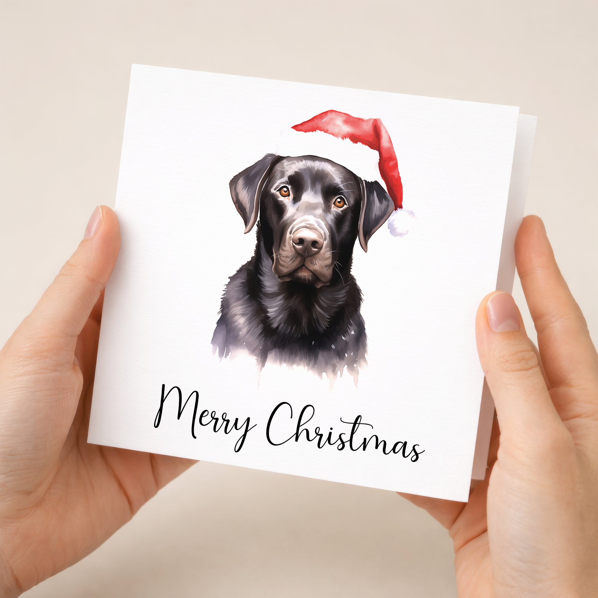 Fun Christmas Card of a Labrador Dog Wearing A Santa Hat Whimsical Watercolour Christmas Card For Animal Lover For Him or Her