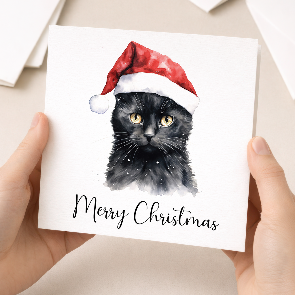 Fun Christmas Card of a Black Cat Wearing A Santa Hat Whimsical Watercolour Christmas Card For Animal Lover For Him or Her