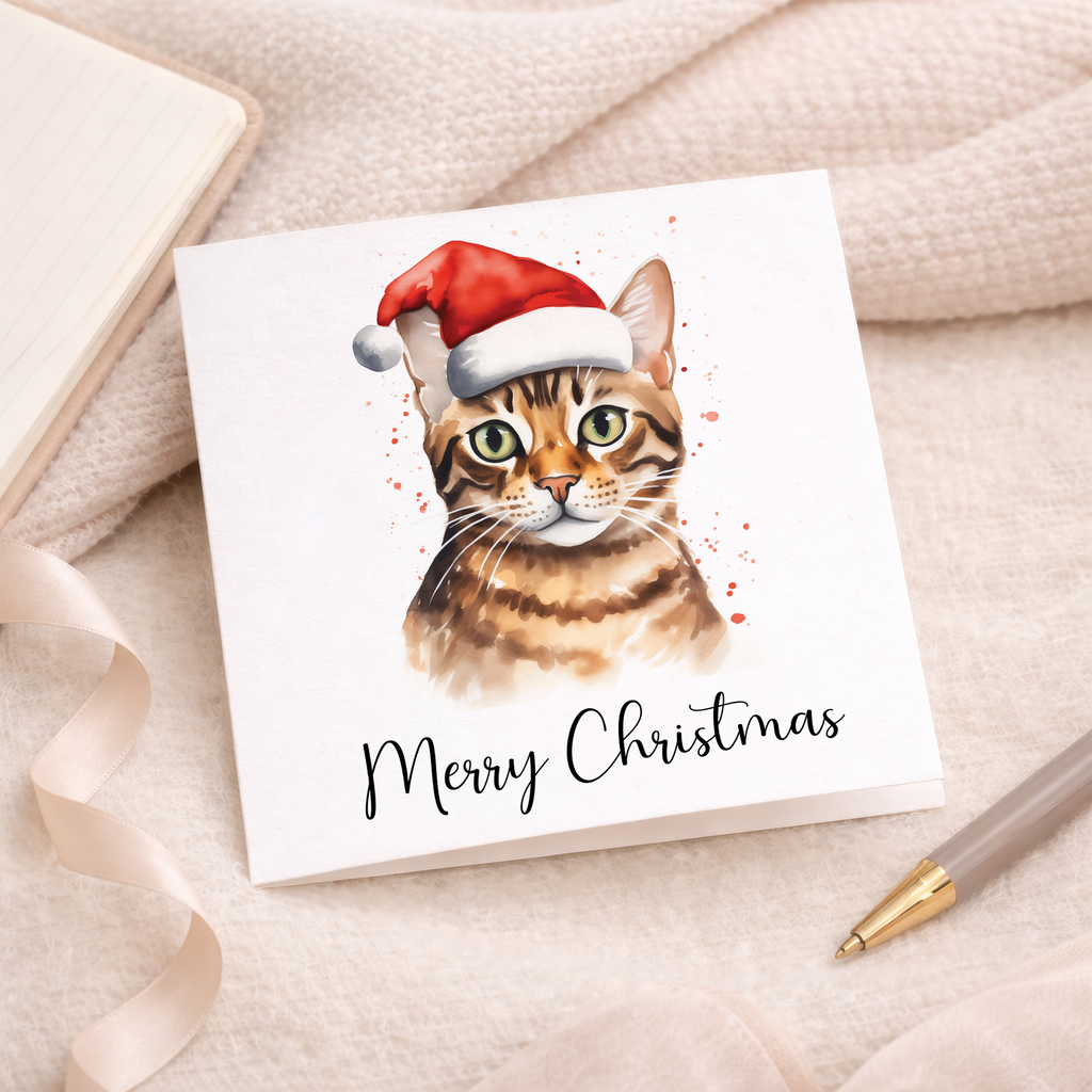 Fun Christmas Card of a Bengal Cat Wearing A Santa Hat Whimsical Watercolour Christmas Card For Animal Lover For Him or Her