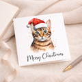 Fun Christmas Card of a Bengal Cat Wearing A Santa Hat Whimsical Watercolour Christmas Card For Animal Lover For Him or Her