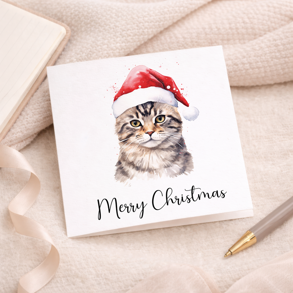 Fun Christmas Card of a Tabby Cat Wearing A Santa Hat Whimsical Watercolour Christmas Card For Animal Lover For Him or Her
