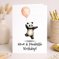 A cute panda-themed birthday greeting card for children featuring a happy panda and the words Pandastic Fun.