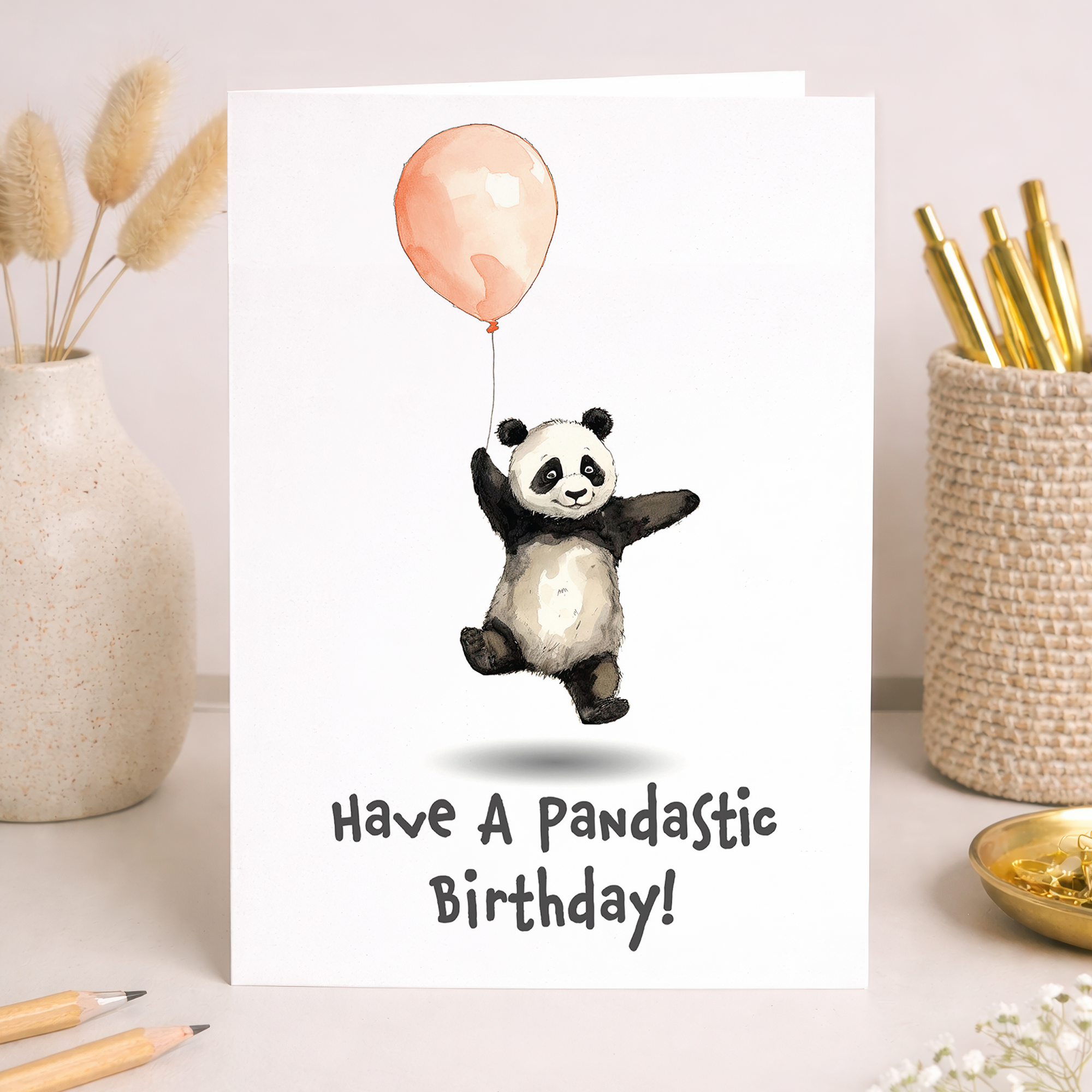 A cute panda-themed birthday greeting card for children featuring a happy panda and the words Pandastic Fun.