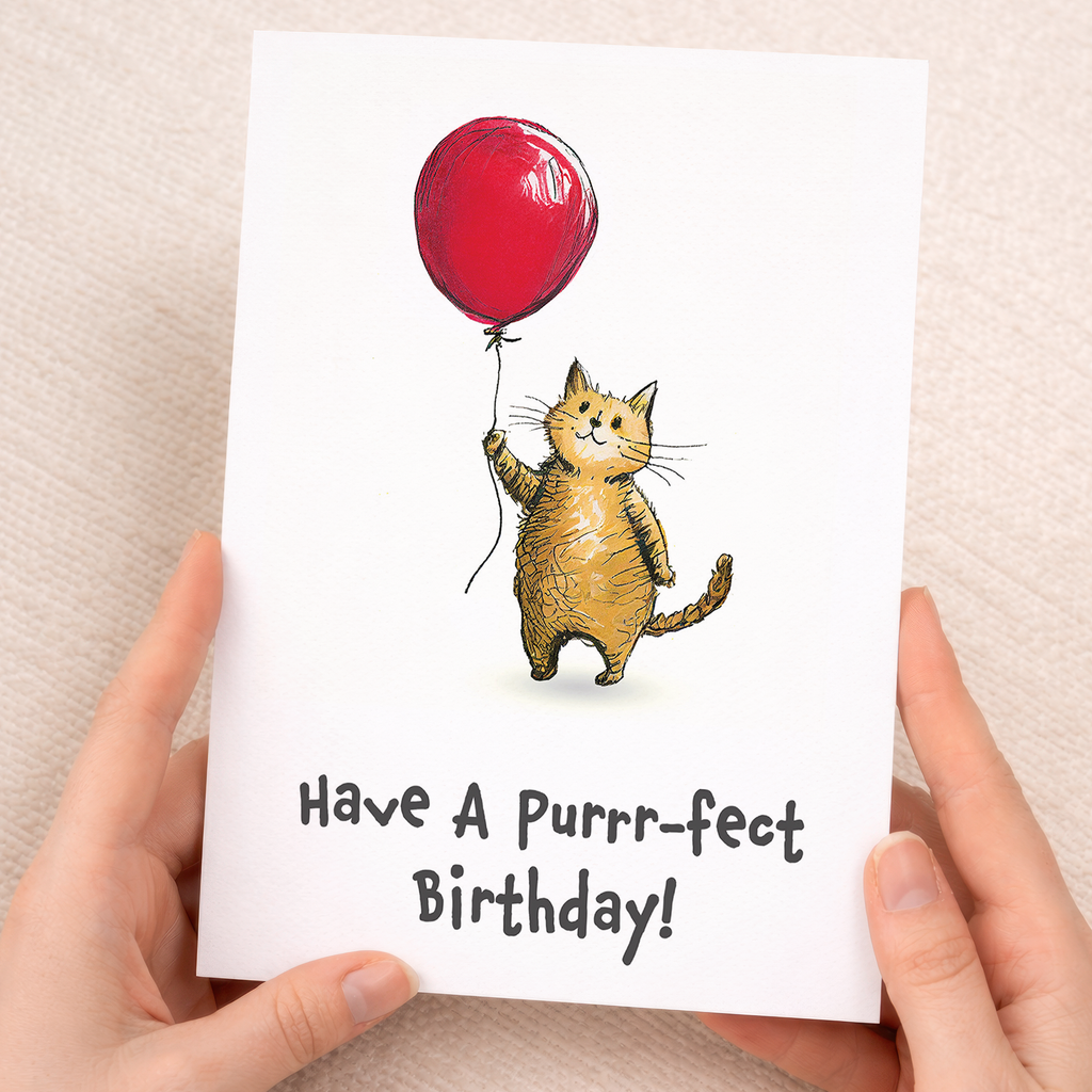 A cute ginger cat illustration on a children's birthday greeting card.