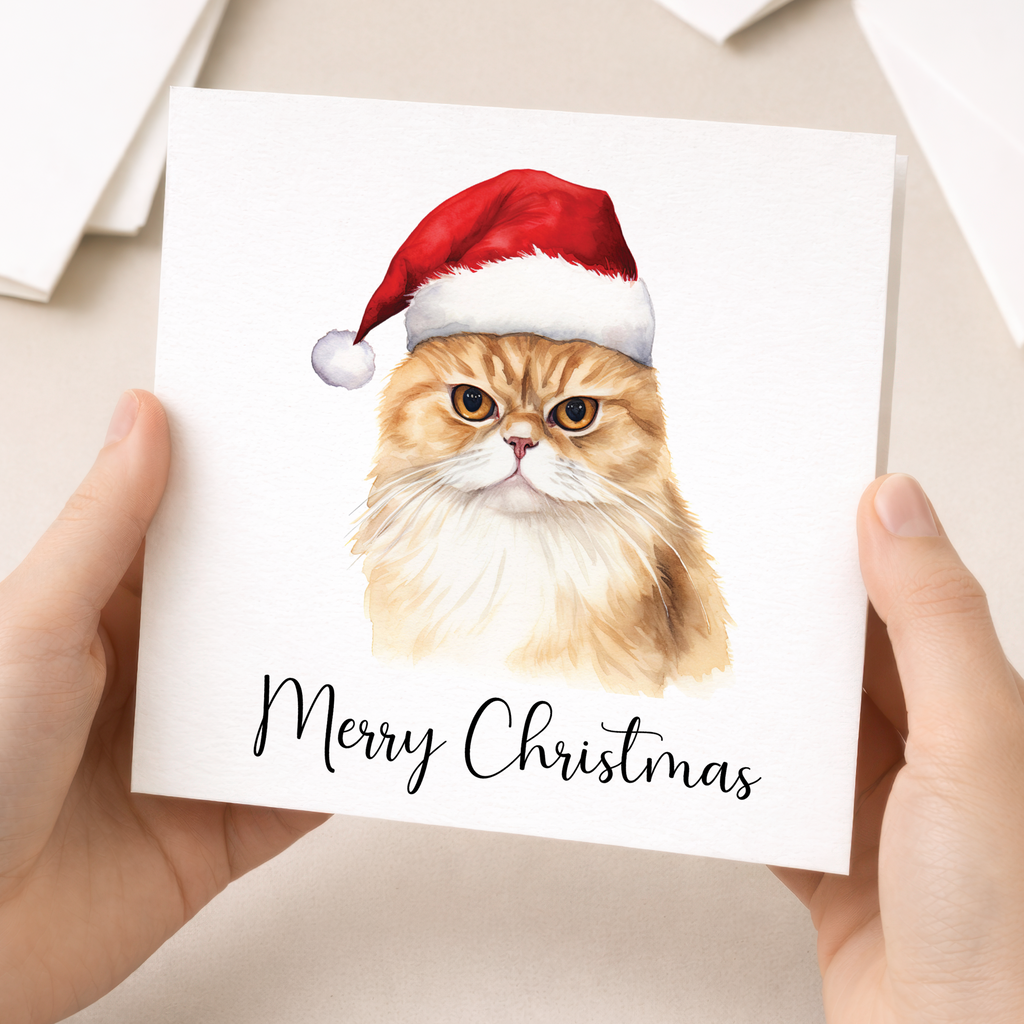 Fun Christmas Card of a Scotish Fold Wearing A Santa Hat Whimsical Watercolour Christmas Card For Animal Lover For Him or Her