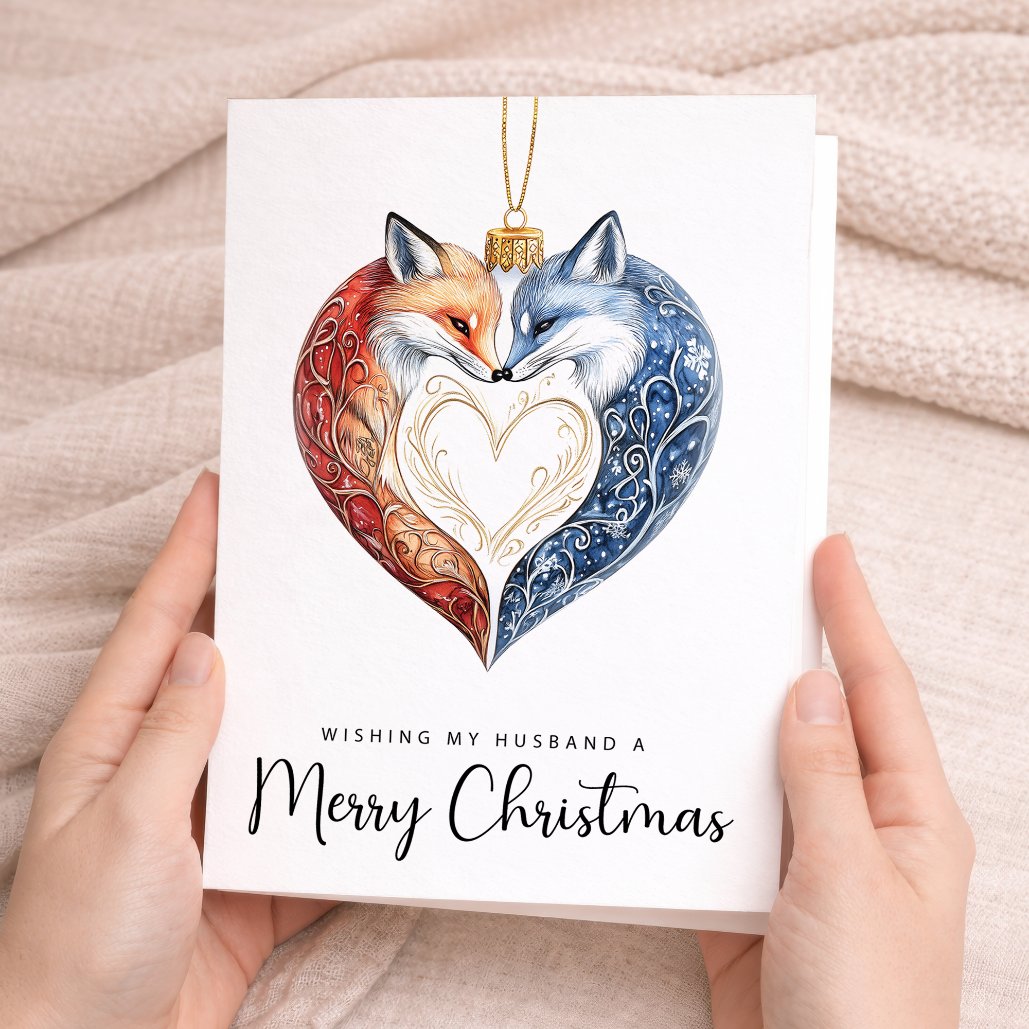 Christmas Card For Husband Foxes Bauble Love Heart Illustration Romantic Christmas Card