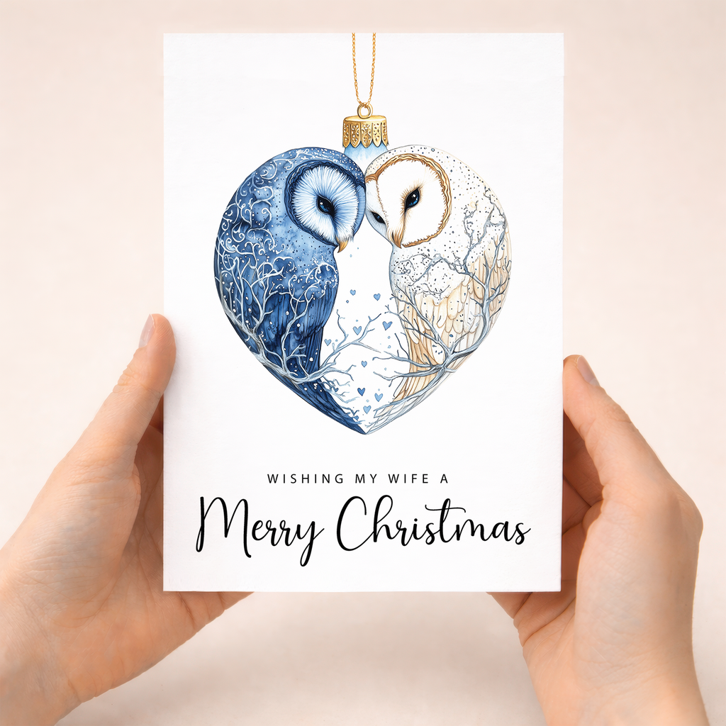 Romantic Christmas card for a wife featuring an owl couple inside a bauble with a red heart and festive illustrations.