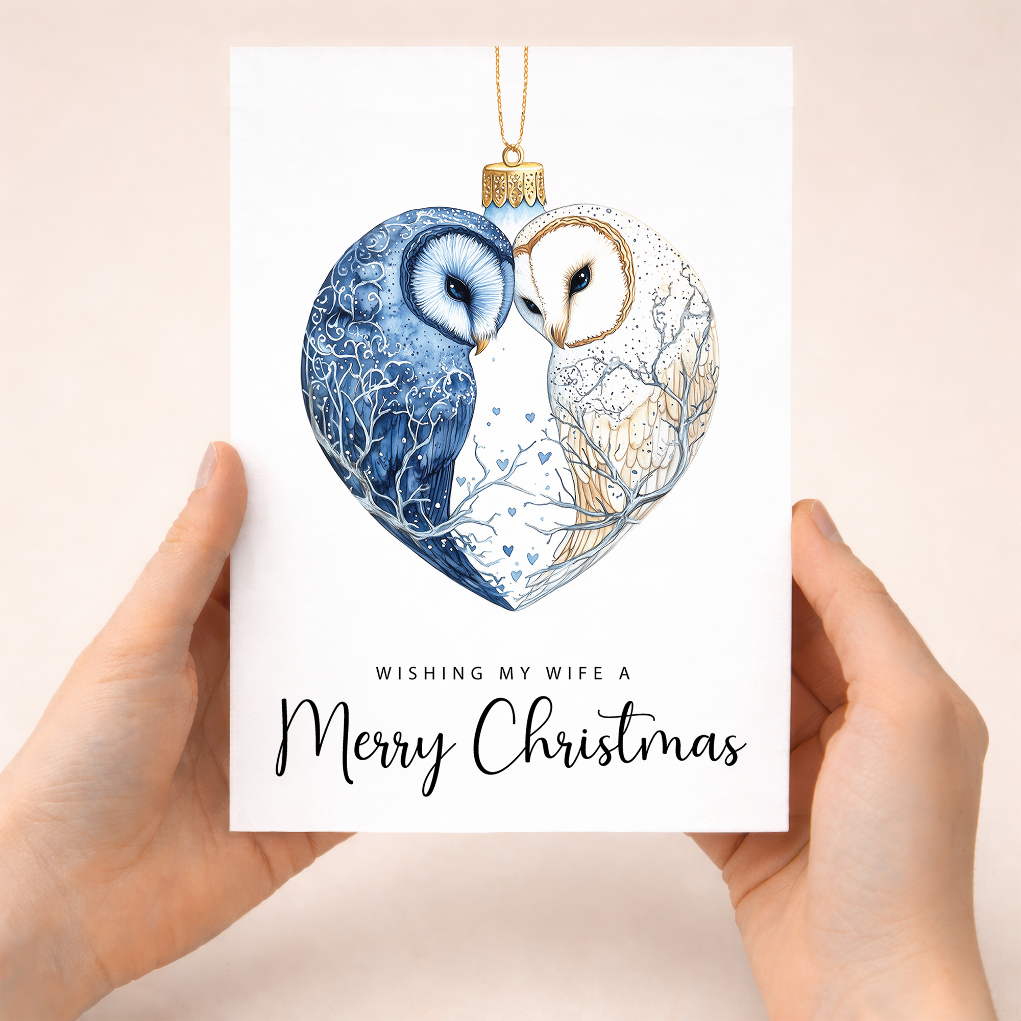 Romantic Christmas card for a wife featuring an owl couple inside a bauble with a red heart and festive illustrations.
