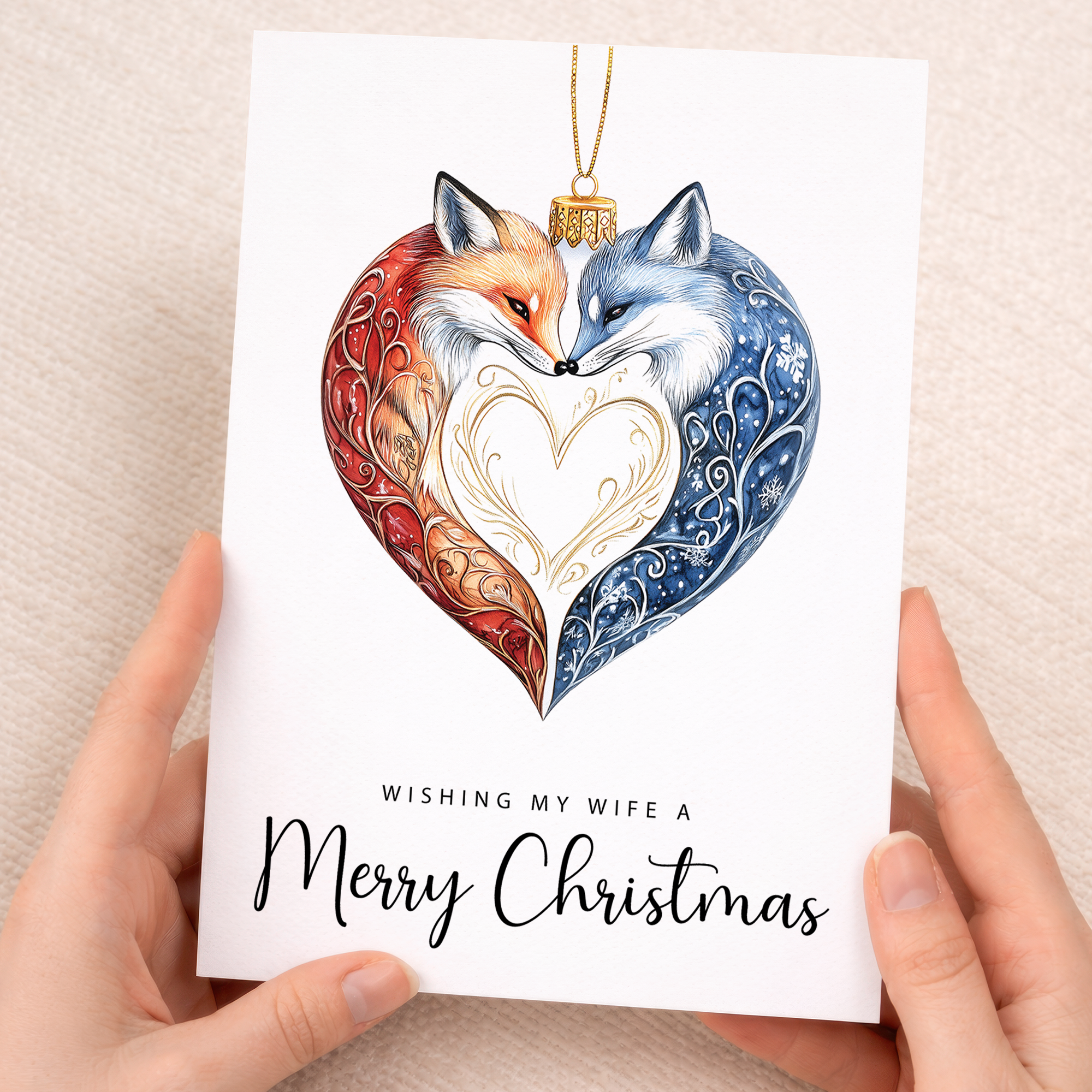 Romantic Christmas card for a wife featuring an illustration of two foxes sitting inside a decorative bauble with a red love heart.