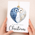 Christmas Card For Loved One Owls Bauble Love Heart Illustration Romantic Christmas Card For The One I Love