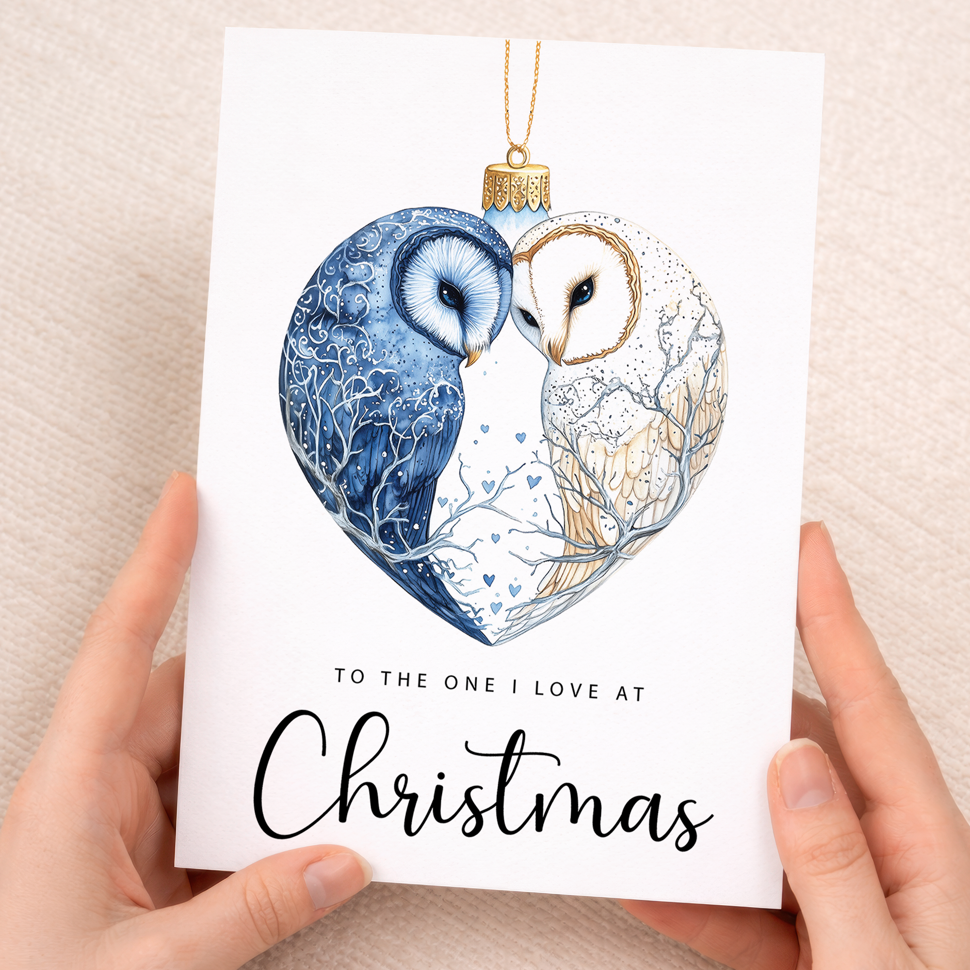 Christmas Card For Loved One Owls Bauble Love Heart Illustration Romantic Christmas Card For The One I Love