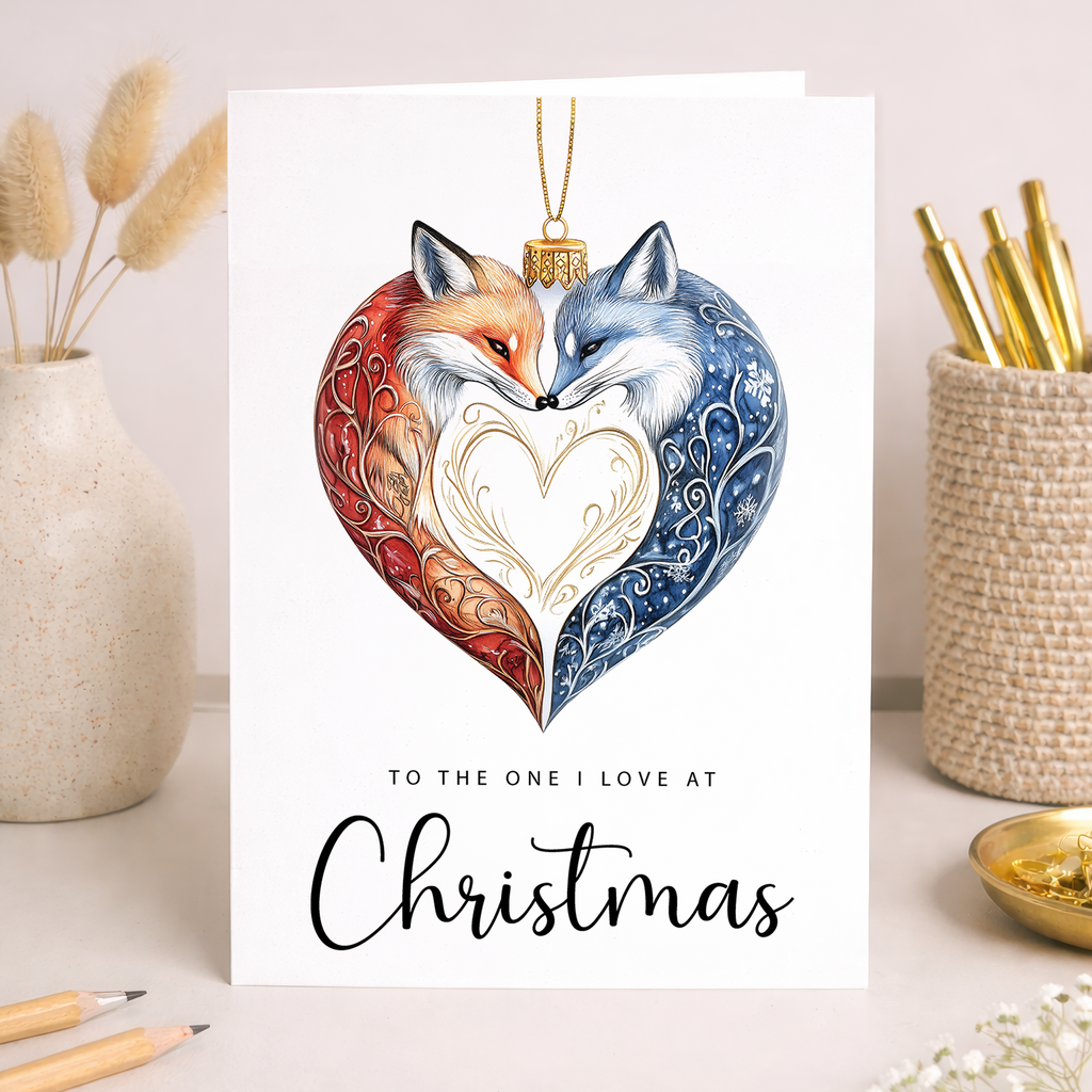 Christmas Card For Loved One Foxes Bauble Love Heart Illustration Romantic Christmas Card For The One I Love