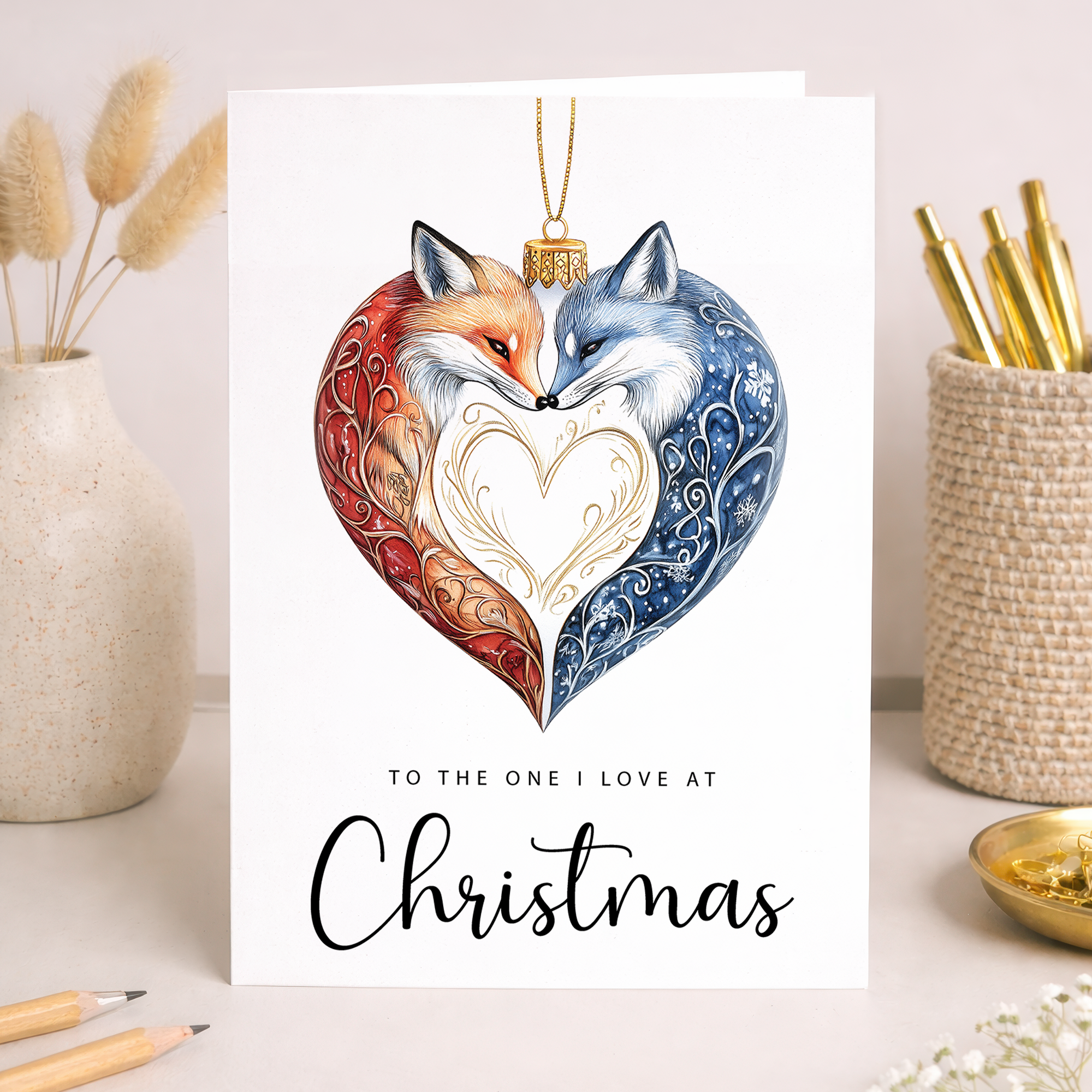 Christmas Card For Loved One Foxes Bauble Love Heart Illustration Romantic Christmas Card For The One I Love