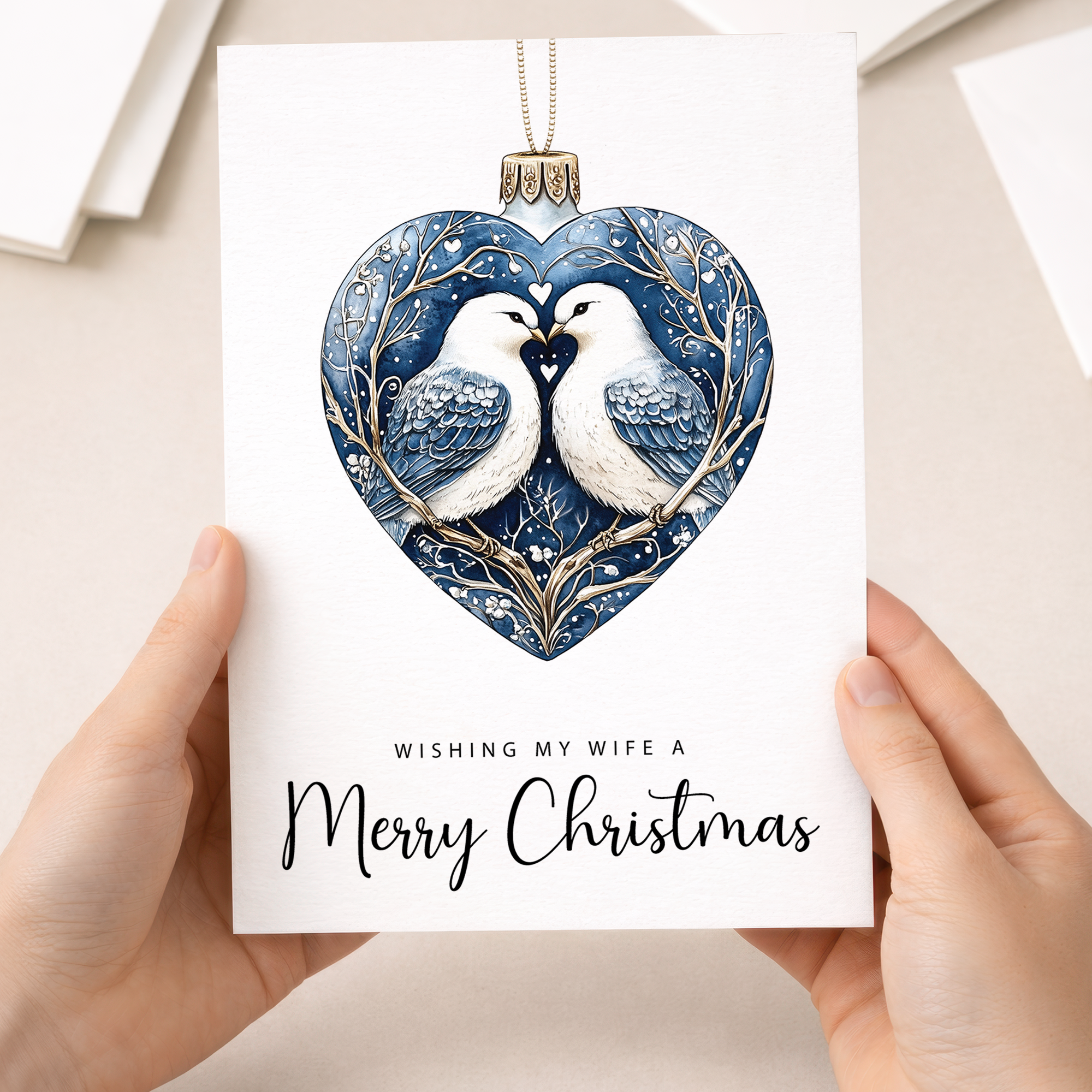 Romantic Christmas card for wife featuring a turtle dove inside a decorative bauble surrounded by red hearts and festive foliage on a white background.