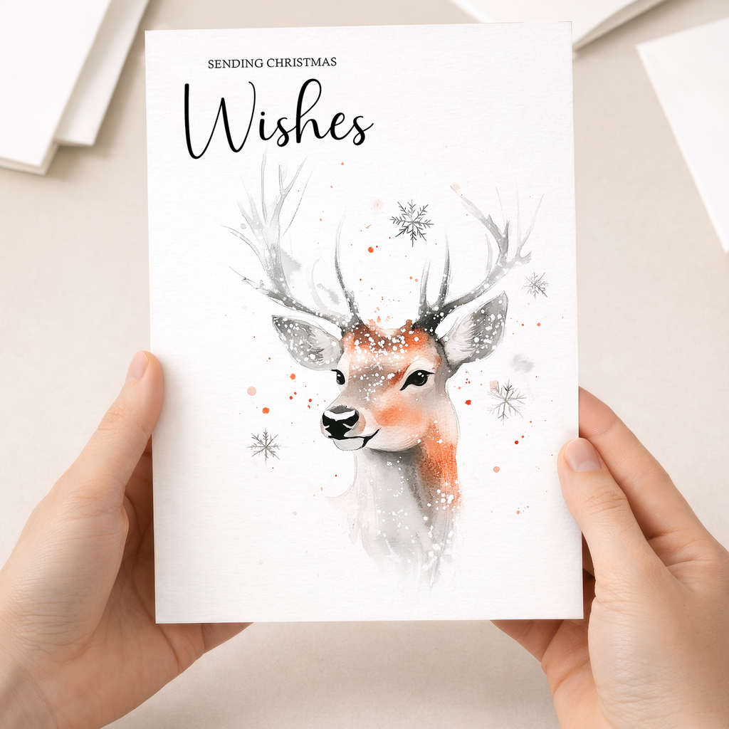 Elegant Christmas Card Featuring a Watercolour Stag Illustration Christmas Wishes Stag Christmas Card