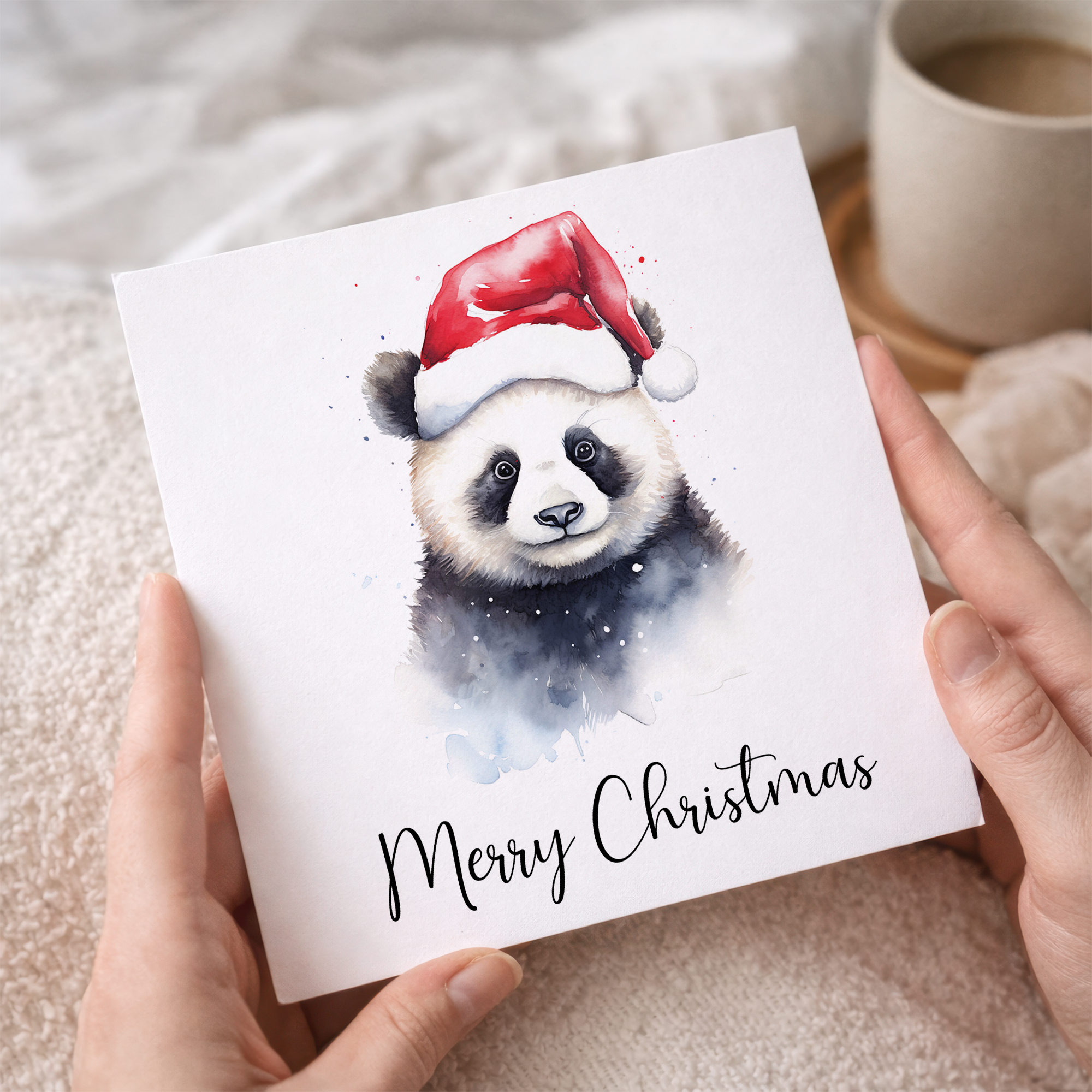 Fun Christmas Card of a Panda Wearing A Santa Hat Whimsical Watercolour Christmas Card For Animal Lover For Him or Her