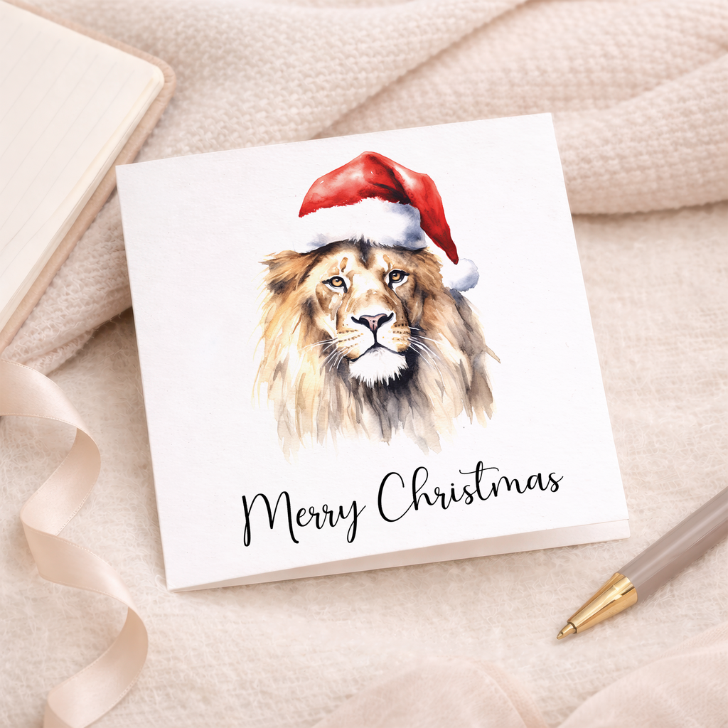 Fun Christmas Card of a Lion Wearing A Santa Hat Whimsical Watercolour Christmas Card For Animal Lover For Him or Her