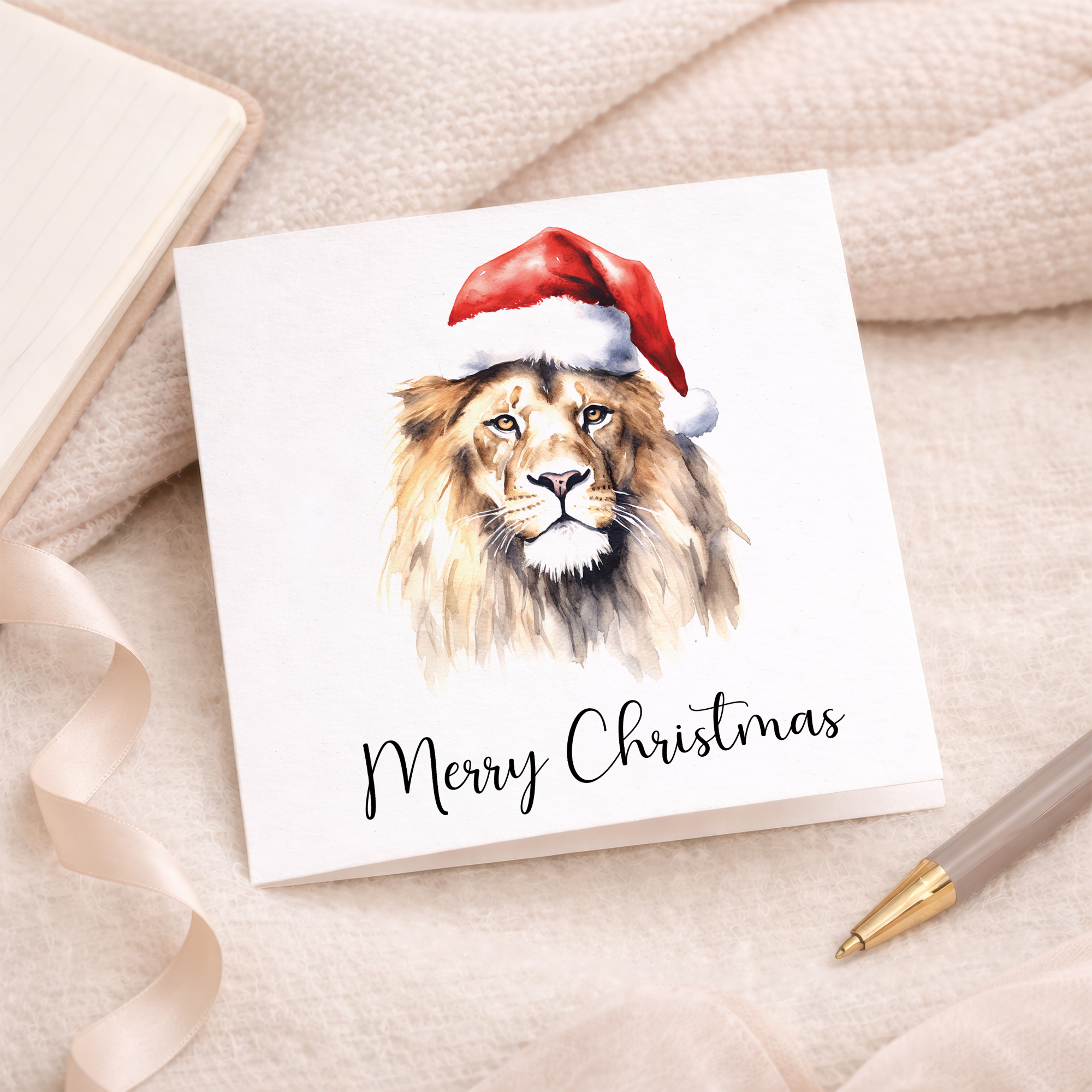 Fun Christmas Card of a Lion Wearing A Santa Hat Whimsical Watercolour Christmas Card For Animal Lover For Him or Her