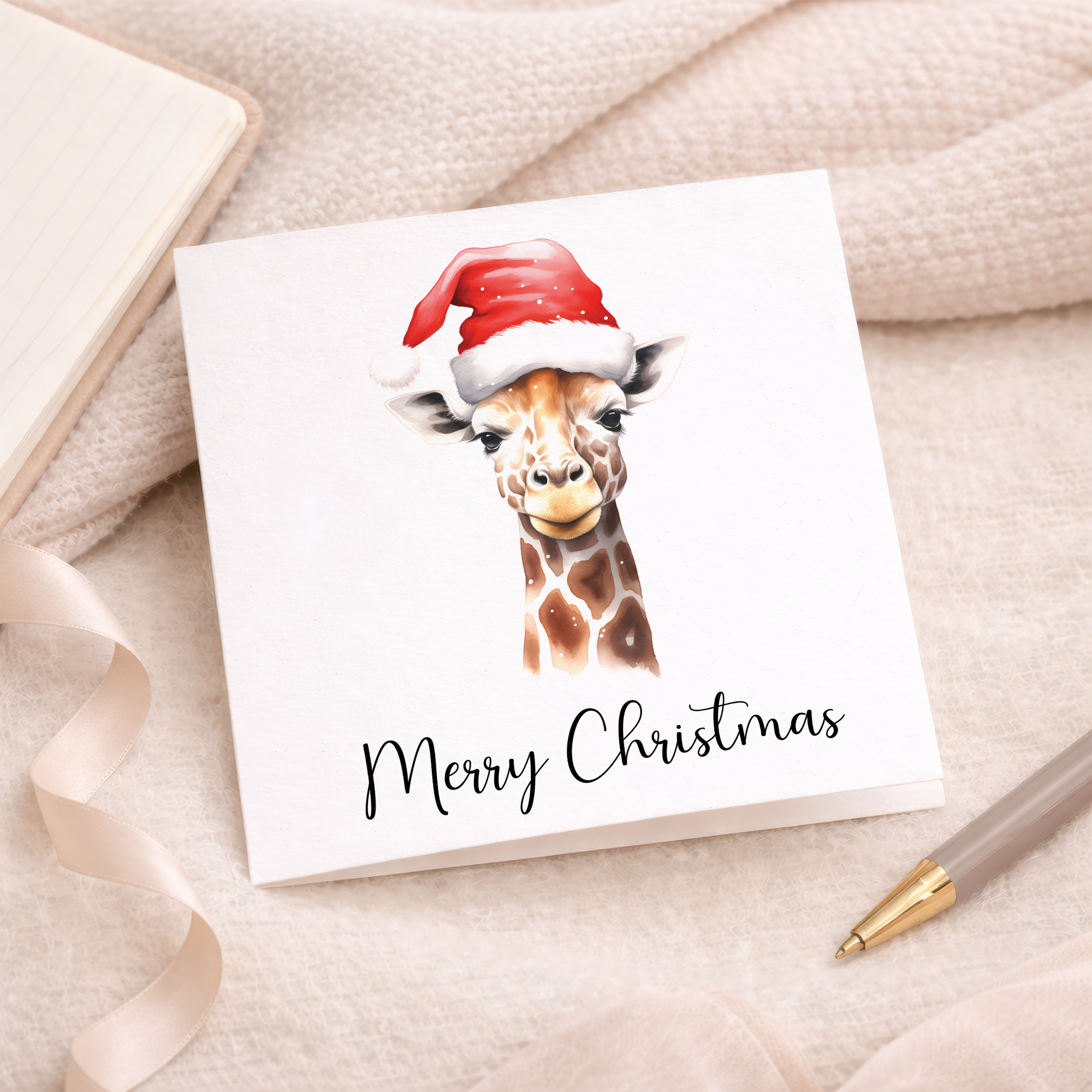 Fun Christmas Card of a Giraffe Wearing A Santa Hat Whimsical Watercolour Christmas Card For Animal Lover For Him or Her