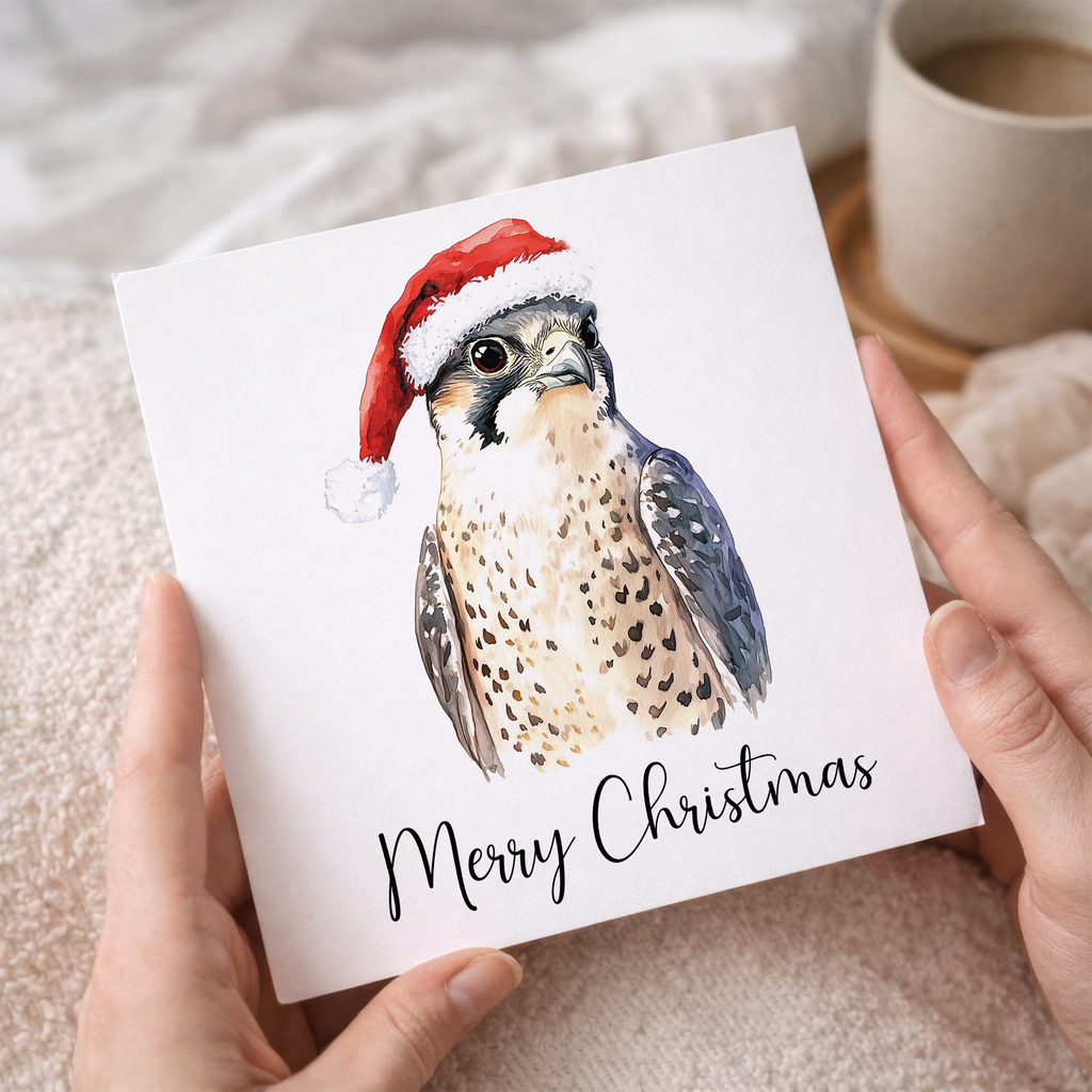Fun Christmas Card of a Peregrine Falcon Wearing A Santa Hat Whimsical Watercolour Christmas Card For Bird Lover For Him or Her