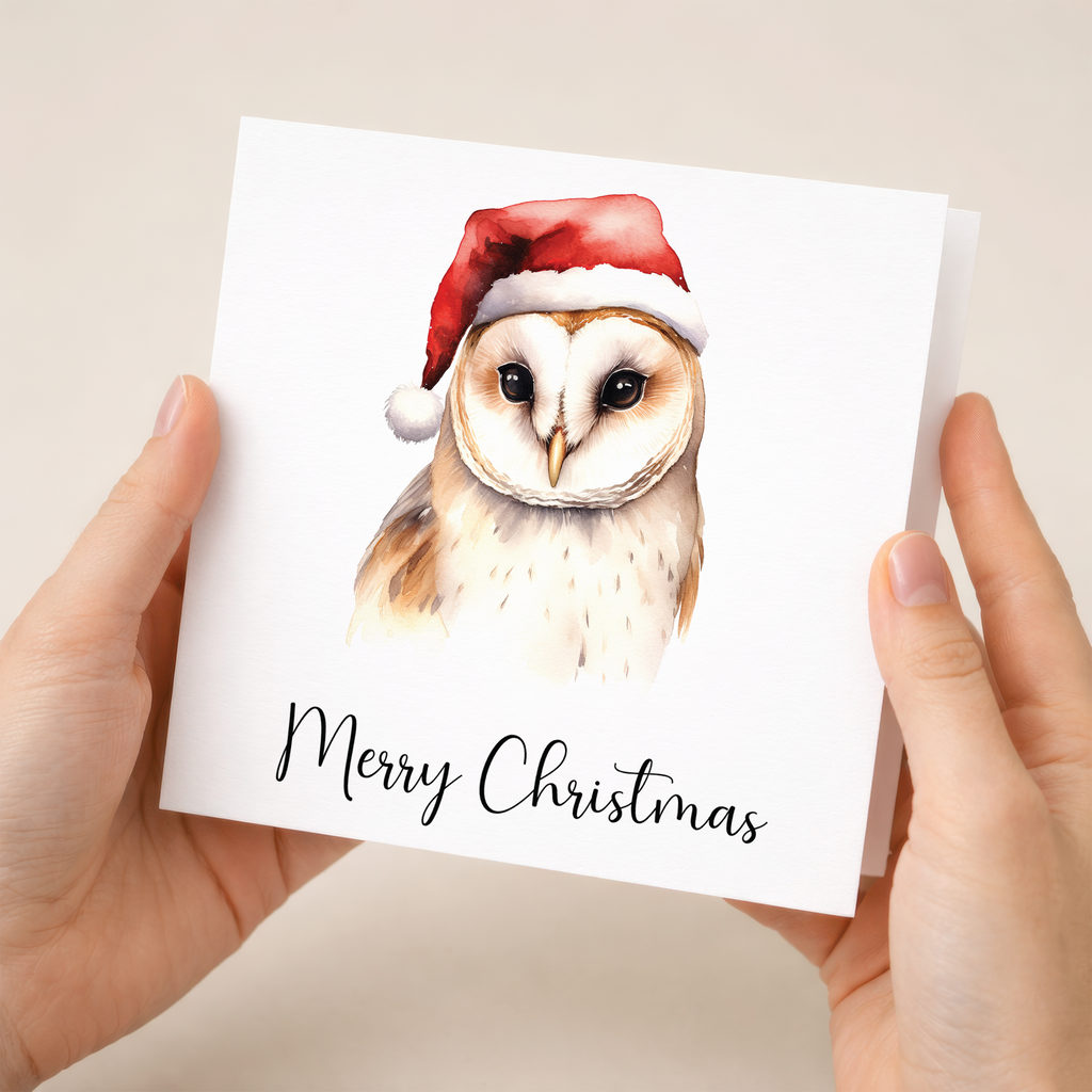 Fun Christmas Card of a Barn Owl Wearing A Santa Hat Whimsical Watercolour Christmas Card For Bird Lover For Him or Her