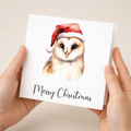 Fun Christmas Card of a Barn Owl Wearing A Santa Hat Whimsical Watercolour Christmas Card For Bird Lover For Him or Her