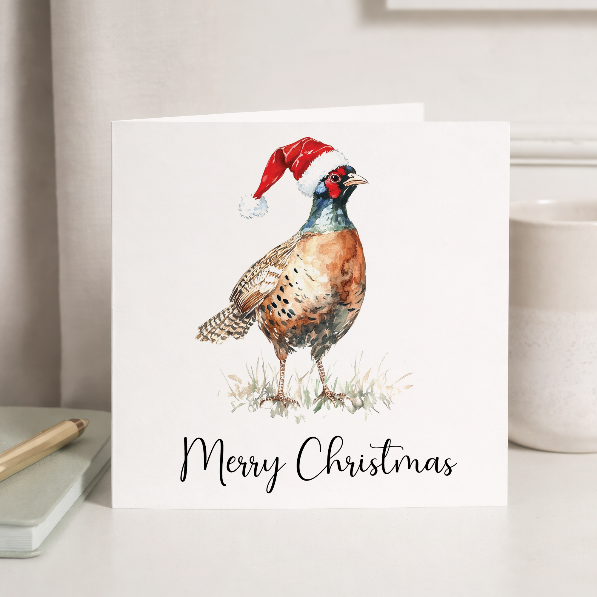 Fun Christmas Card of a Pheasant Wearing A Santa Hat Whimsical Watercolour Christmas Card For Bird Lover For Him or Her