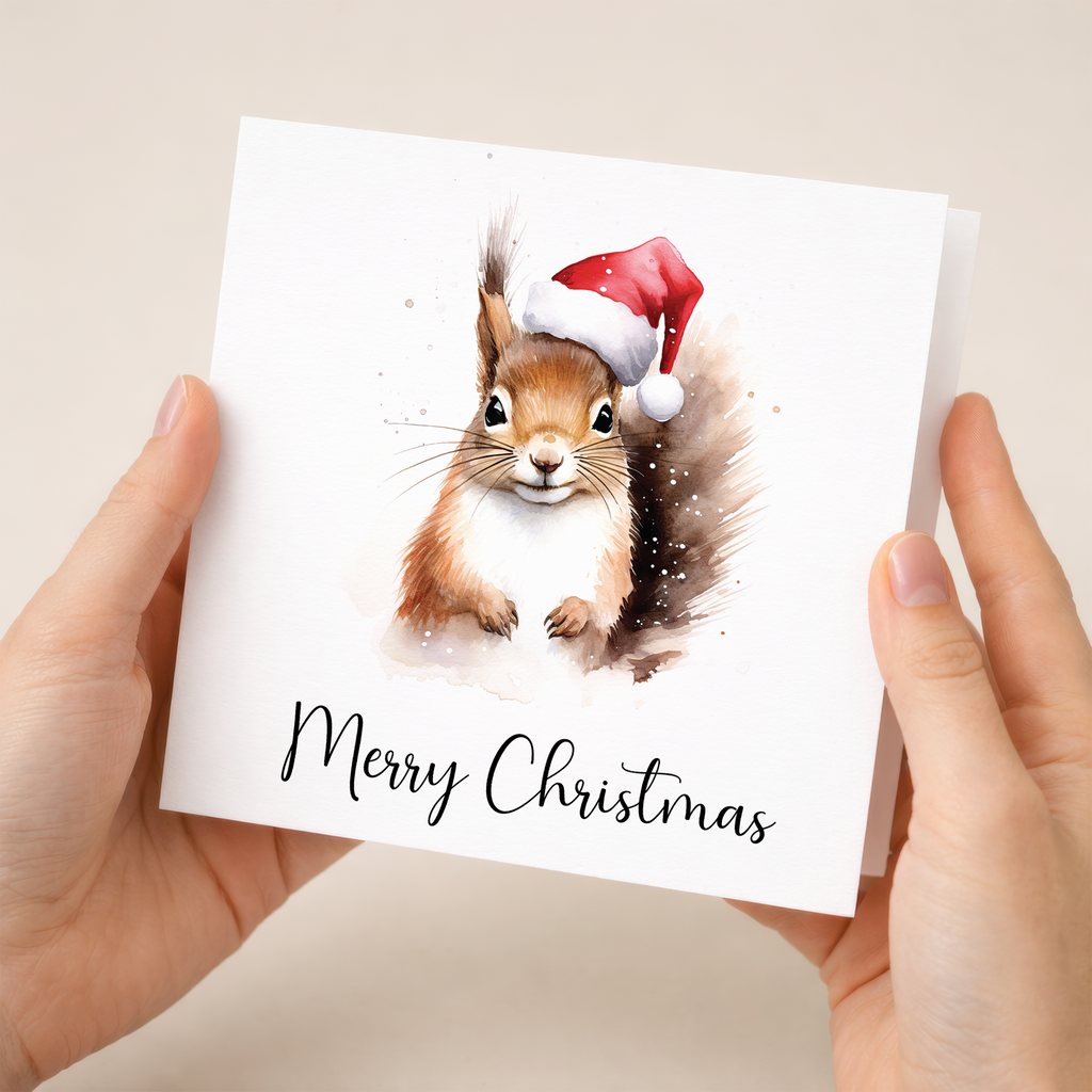 Fun Christmas Card of a Squirrel Wearing A Santa Hat Whimsical Watercolour Christmas Card For Animal Lover For Him or Her