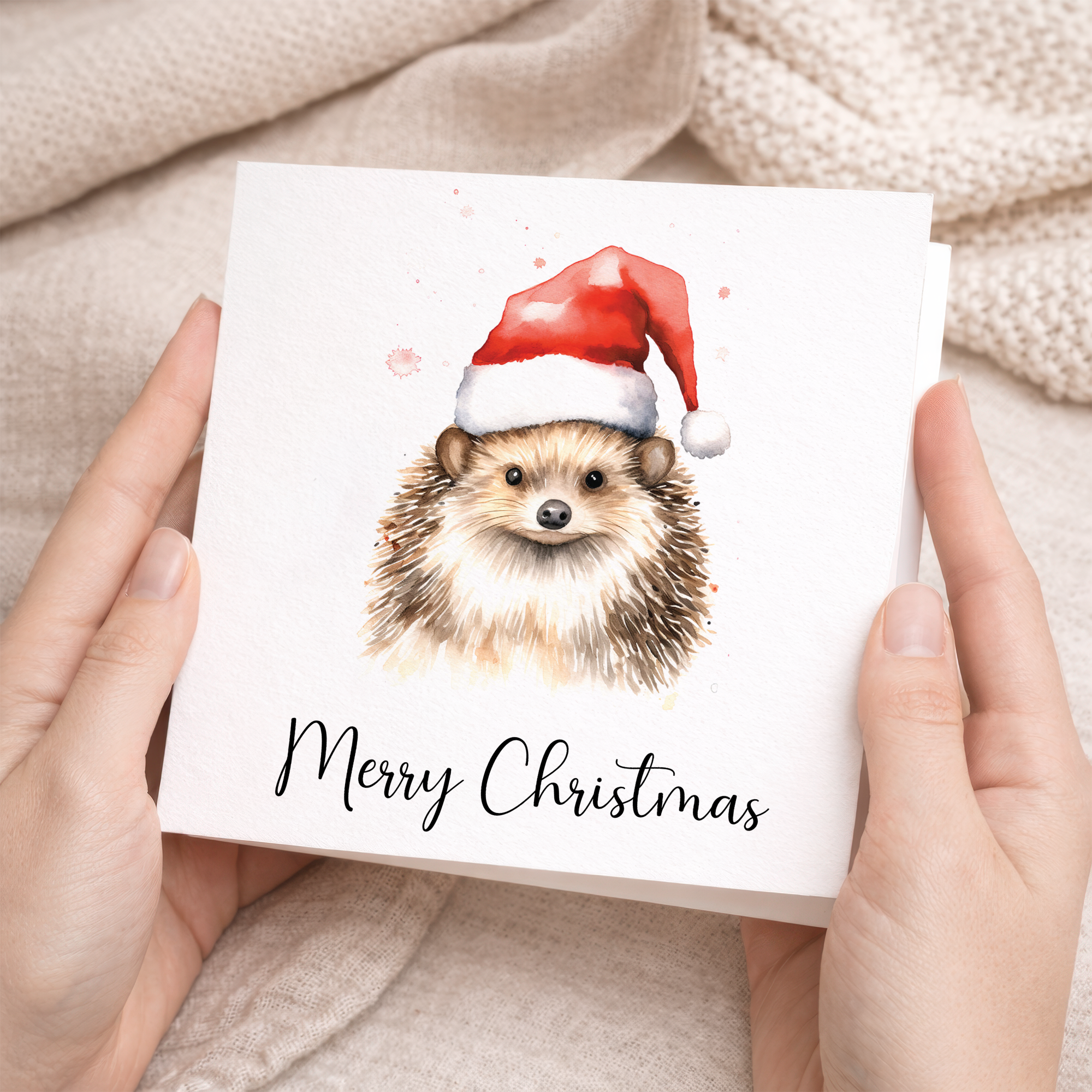 Fun Christmas Card of a Hedgehog Wearing A Santa Hat Whimsical Watercolour Christmas Card For Animal Lover For Him or Her