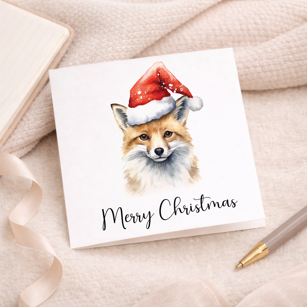 Fun Christmas Card of a Fox Wearing A Santa Hat Whimsical Watercolour Christmas Card For Animal Lover For Him or Her