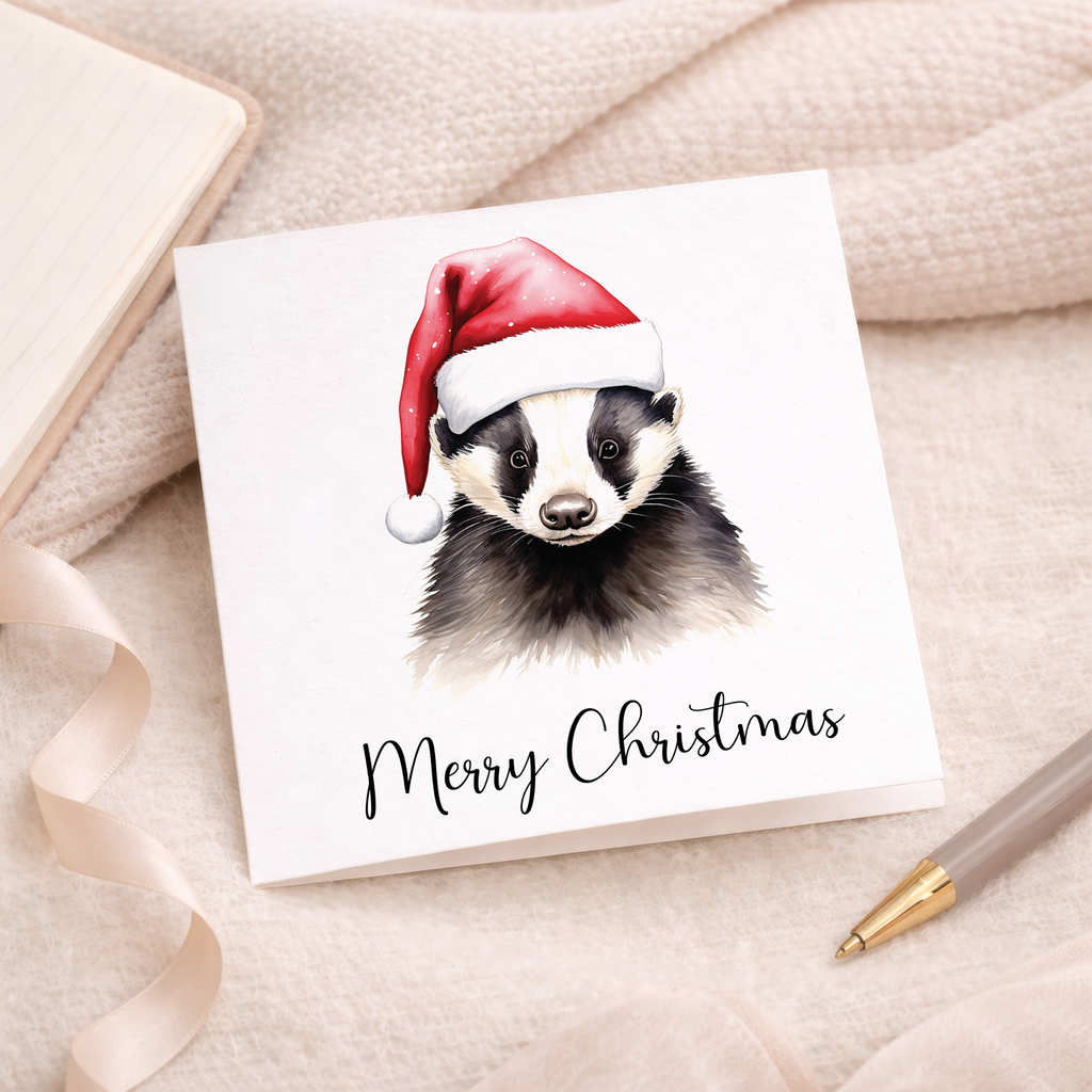 Fun Christmas Card of a Badger Wearing A Santa Hat Whimsical Watercolour Christmas Card For Animal Lover For Him or Her