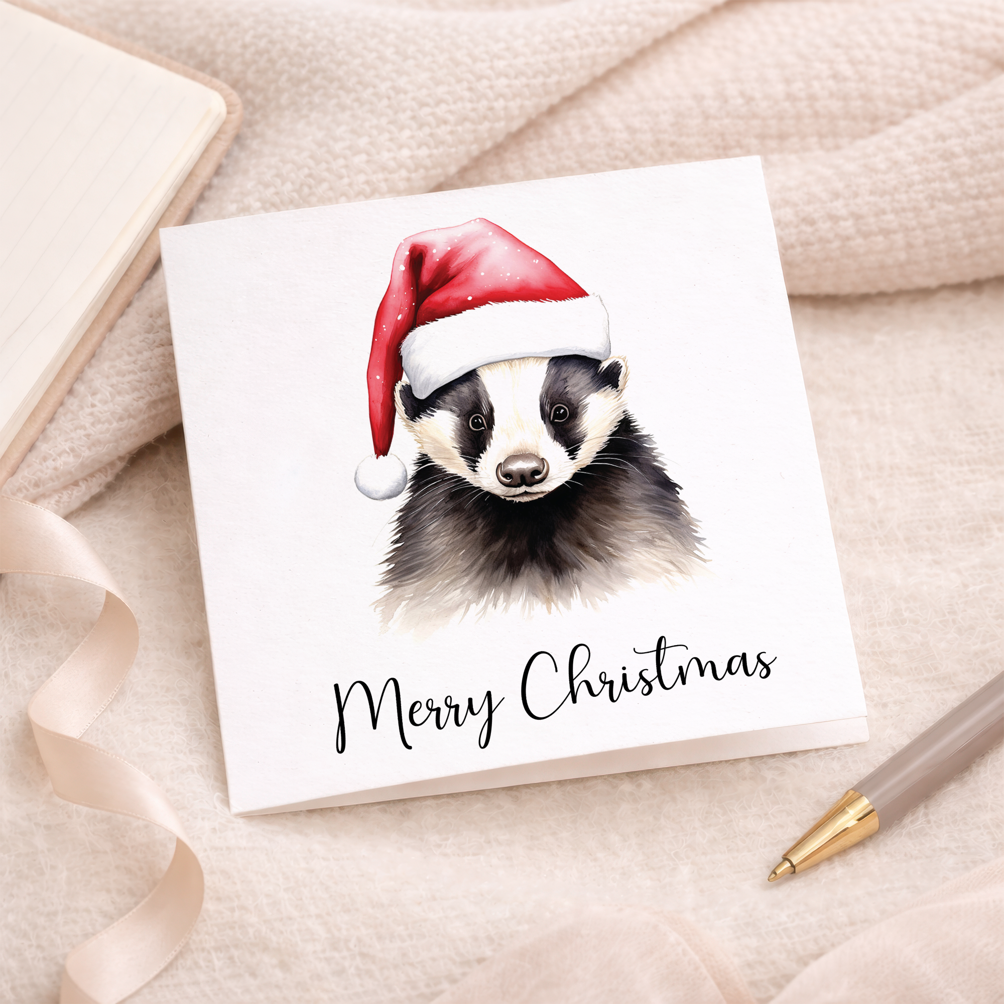 Fun Christmas Card of a Badger Wearing A Santa Hat Whimsical Watercolour Christmas Card For Animal Lover For Him or Her