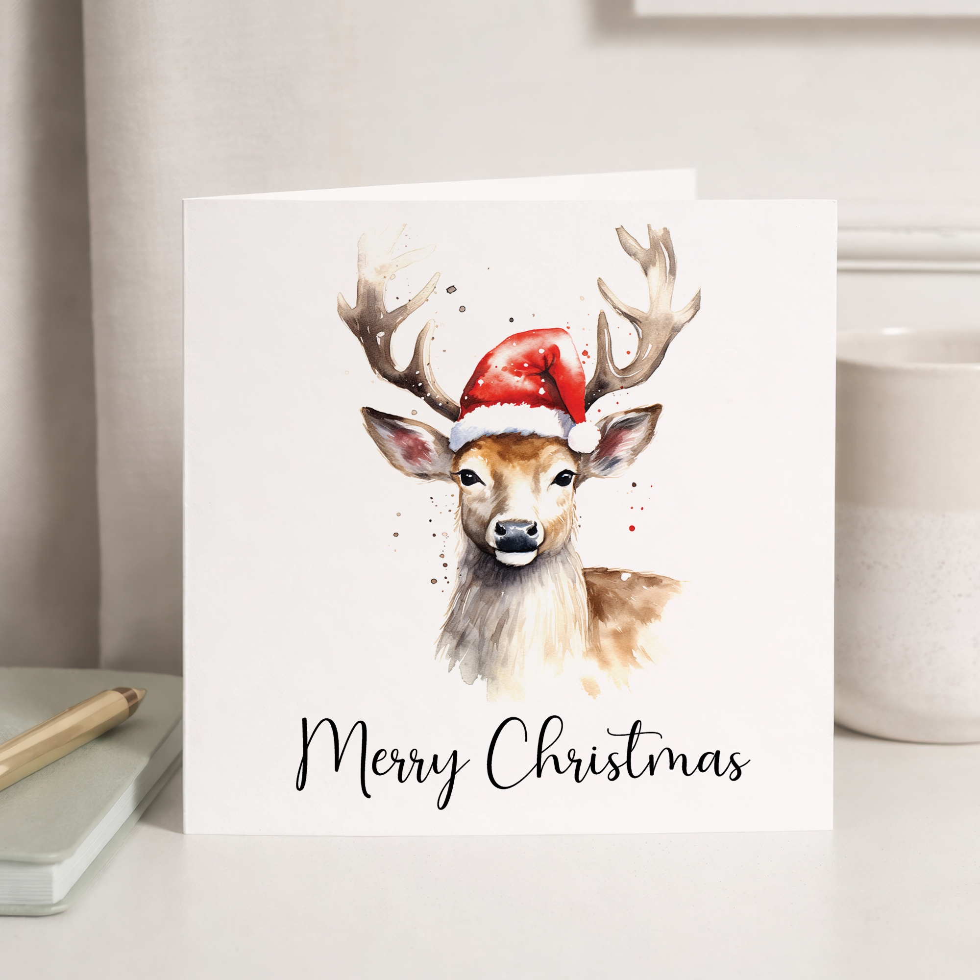 Fun Christmas Card of a Stag Wearing A Santa Hat Whimsical Watercolour Christmas Card For Animal Lover For Him or Her
